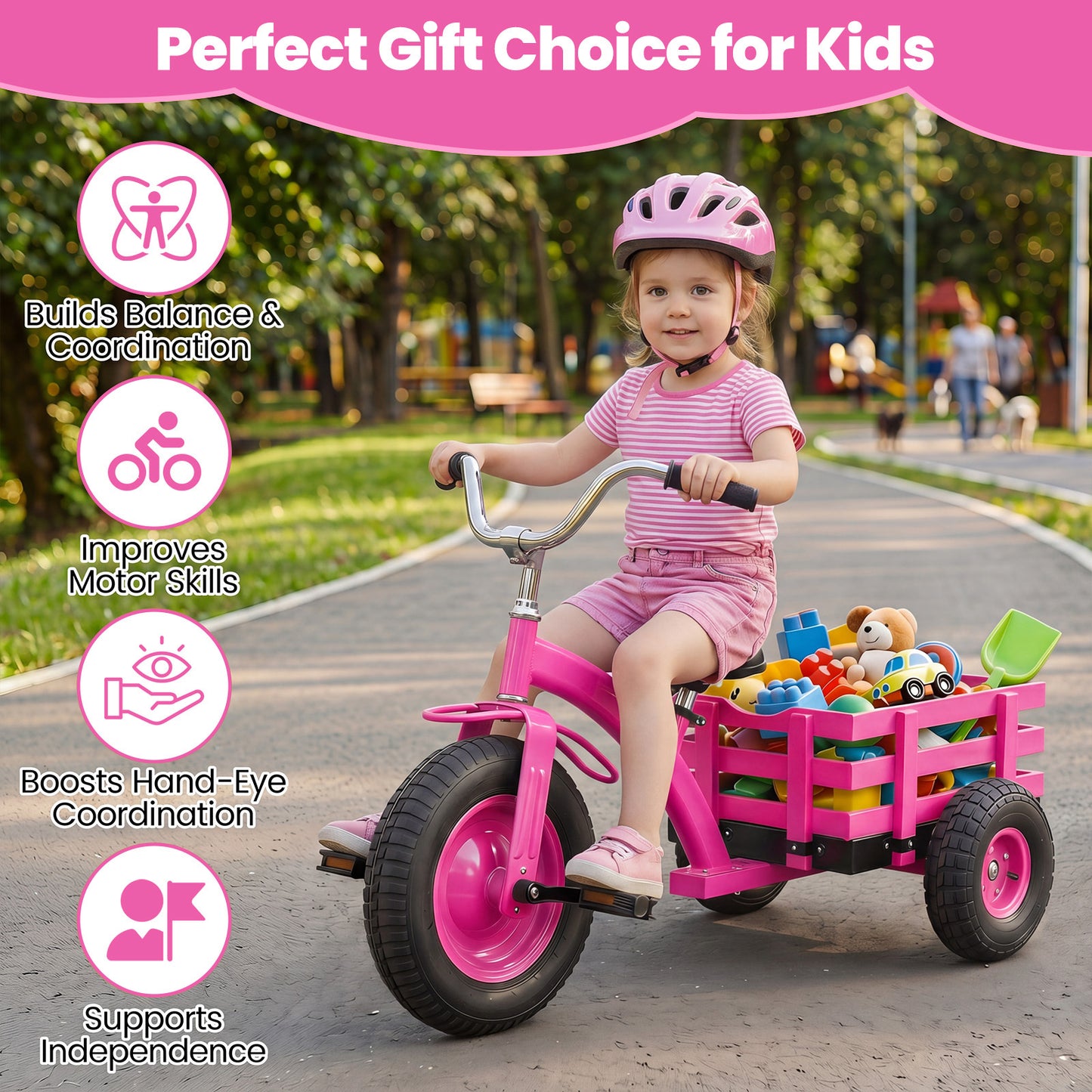 Costway Driewieler Kinderfiets met Verstelbare Zitting en Stuur Loopfiets met Schokabsorberende Rubberen Banden en Pedalen Kinderdriwiel Roze