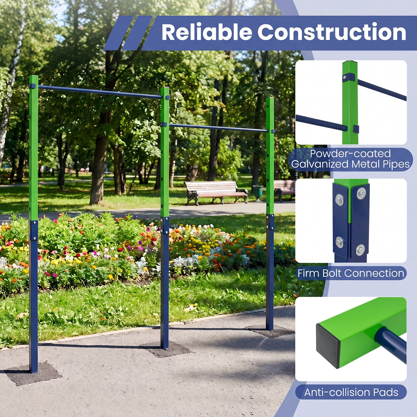 Costway Dubbele Optrekstang in Hoogte Verstelbare Rekstang 80-172 cm Dipstation van Verzinkt Staal tot 220 kg Blauw