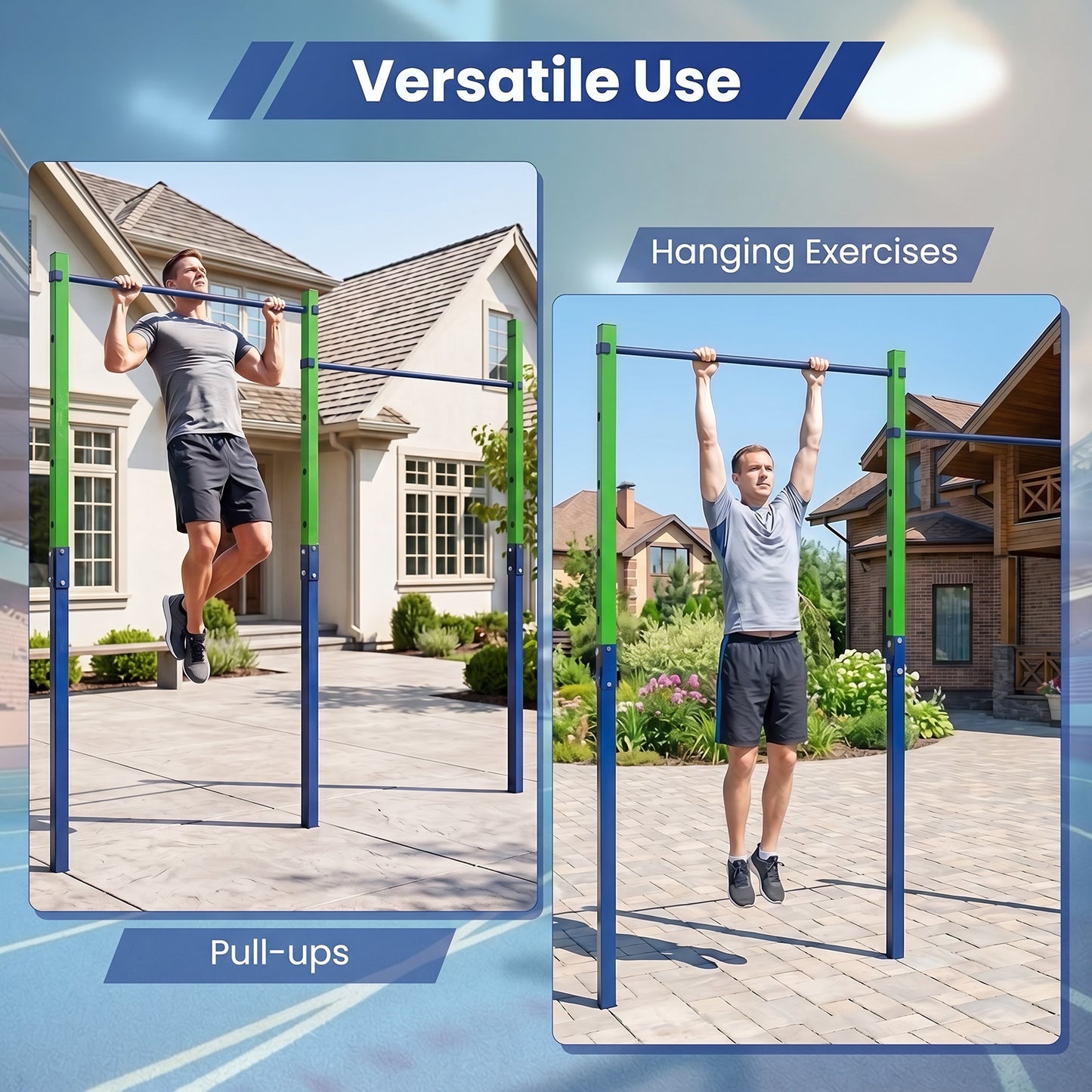 Costway Dubbele Optrekstang in Hoogte Verstelbare Rekstang 80-172 cm Dipstation van Verzinkt Staal tot 220 kg Blauw