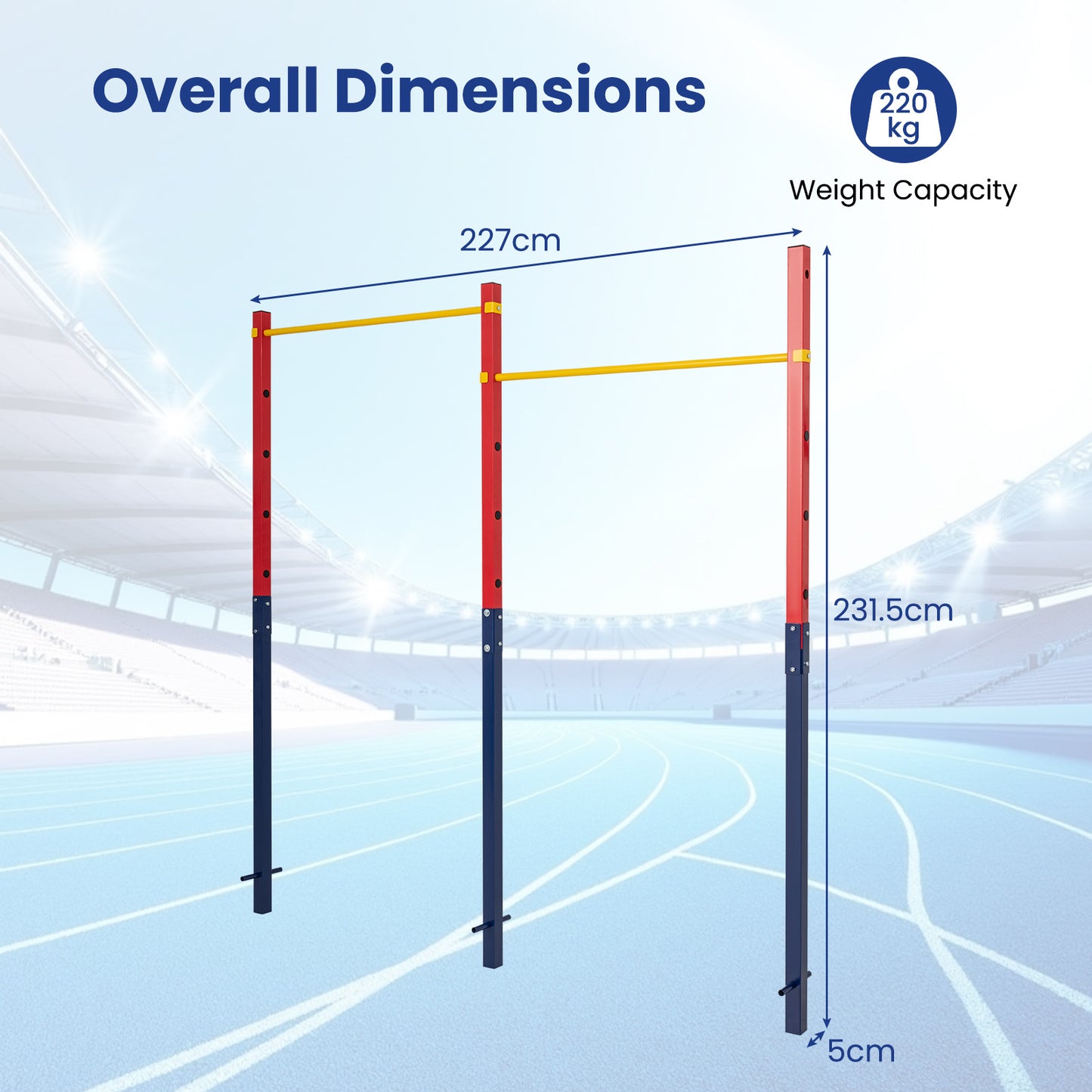 Costway Dubbele Optrekstang in Hoogte Verstelbare Rekstang 80-172 cm Dipstation van Verzinkt Staal tot 220 kg Rood