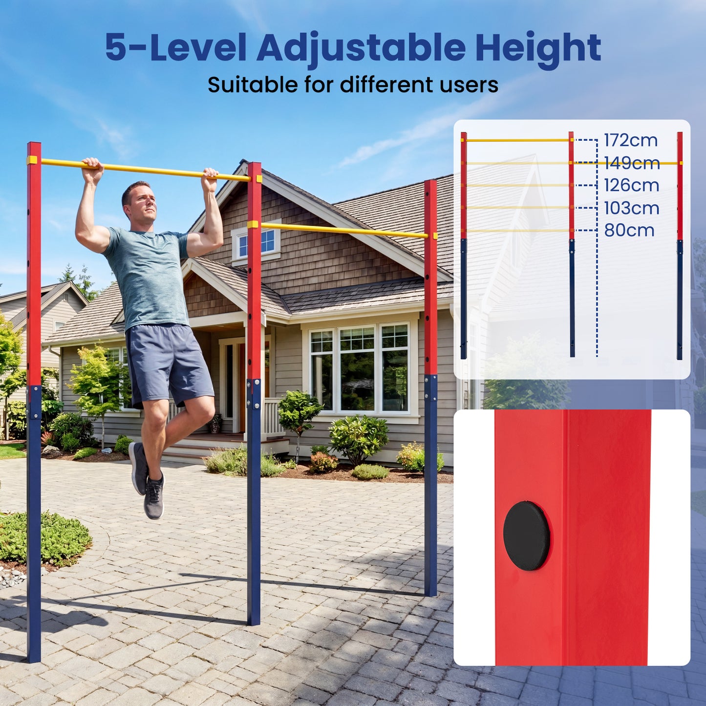 Costway Dubbele Optrekstang in Hoogte Verstelbare Rekstang 80-172 cm Dipstation van Verzinkt Staal tot 220 kg Rood