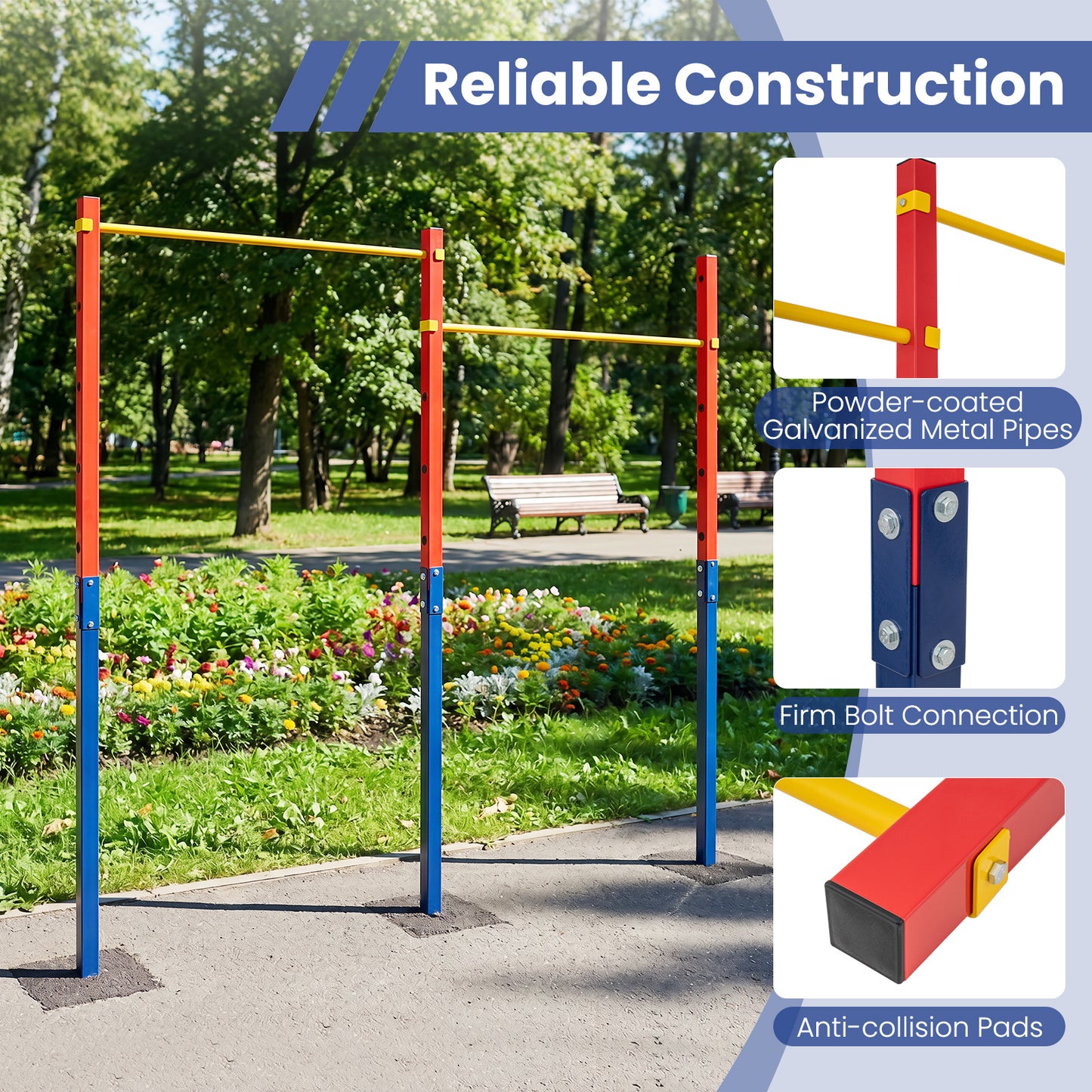 Costway Dubbele Optrekstang in Hoogte Verstelbare Rekstang 80-172 cm Dipstation van Verzinkt Staal tot 220 kg Rood