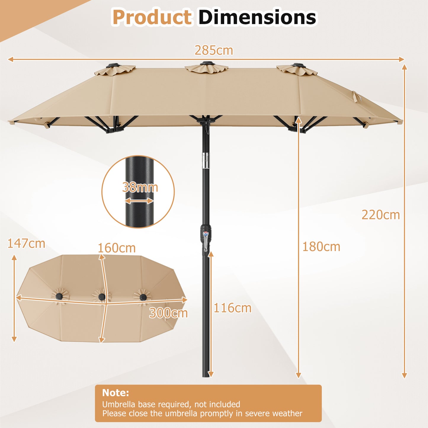 Costway Dubbele Parasol 300 x 160 cm Rechthoekige Parasol met Slinger en 12 Baleinen Beige