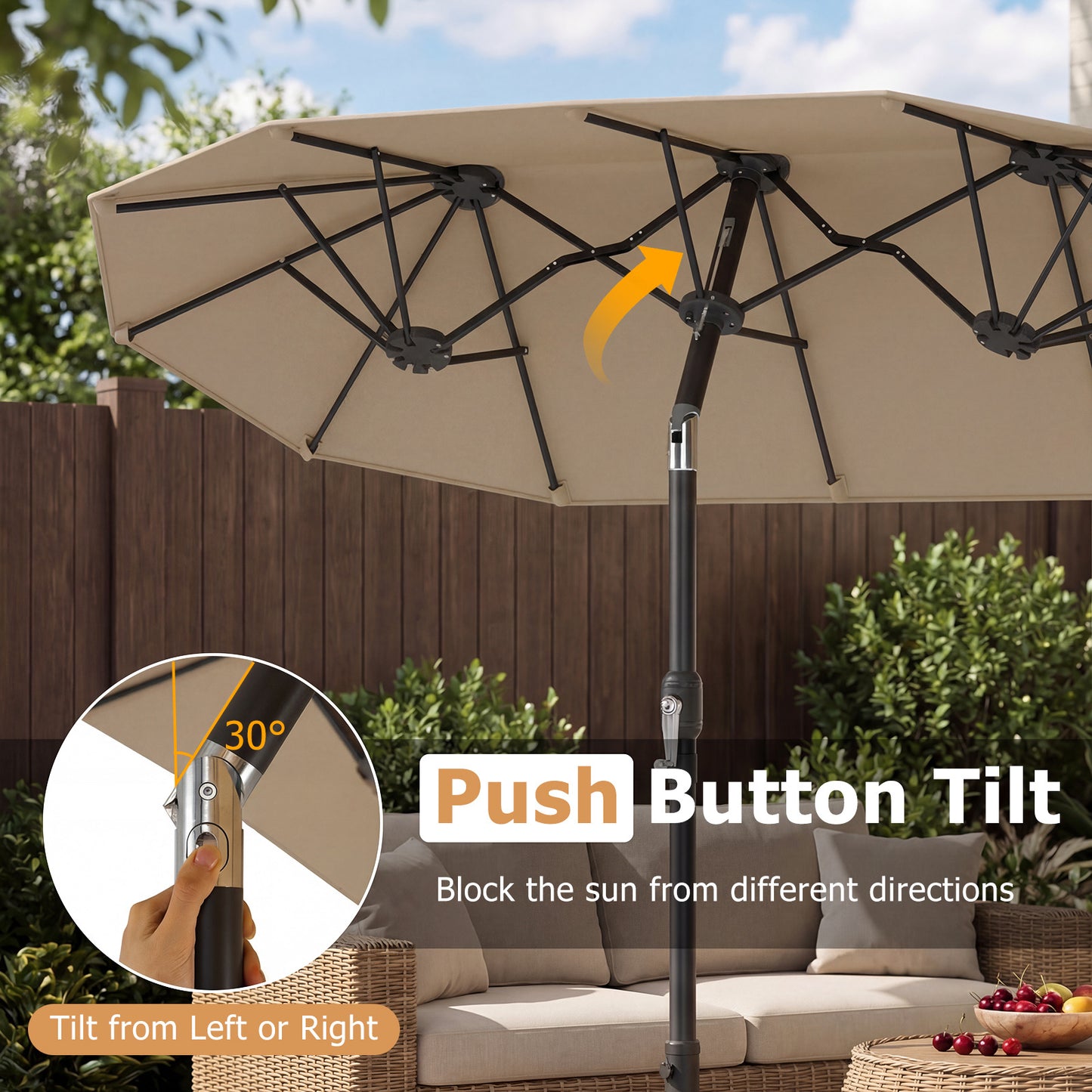 Costway Dubbele Parasol 300 x 160 cm Rechthoekige Parasol met Slinger en 12 Baleinen Bruin