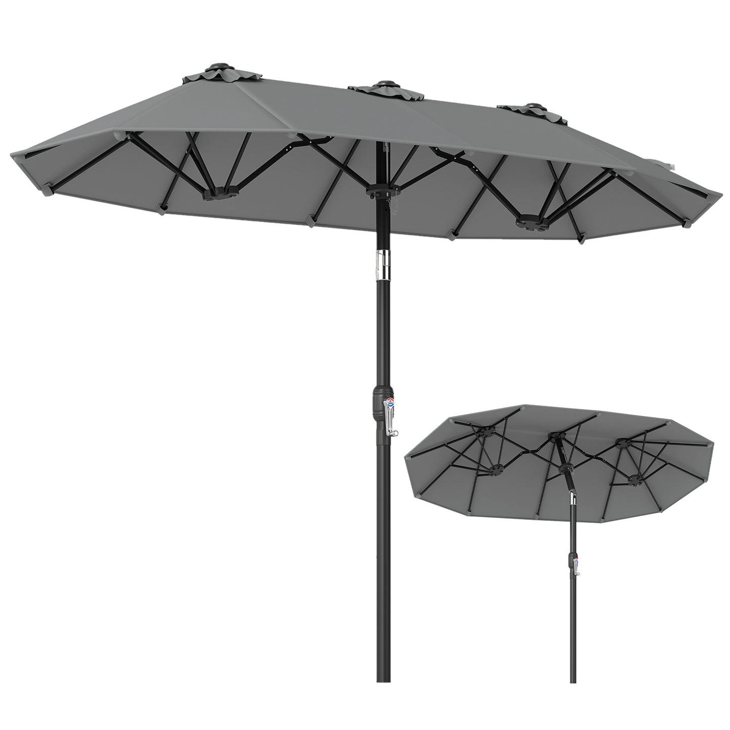 Costway Dubbele Parasol 300 x 160 cm Rechthoekige Parasol met Slinger en 12 Baleinen Grijs