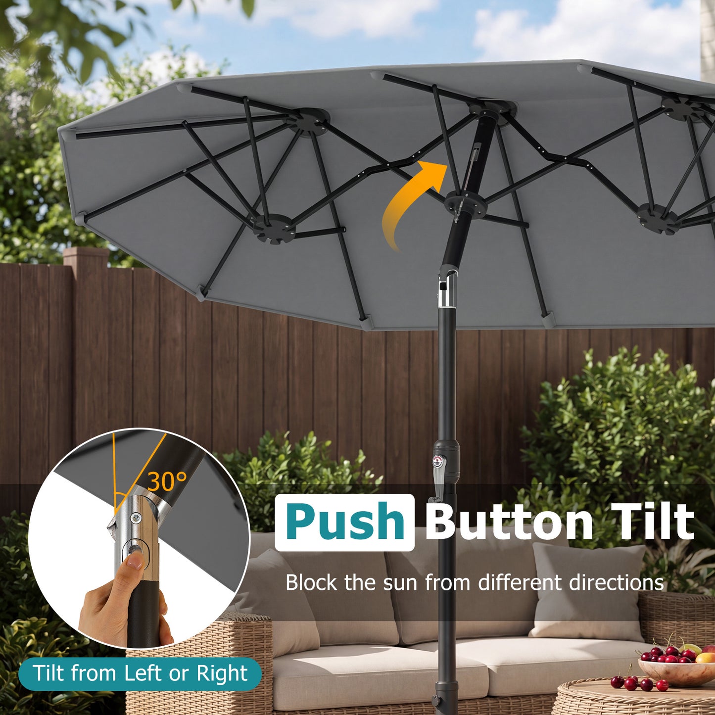 Costway Dubbele Parasol 300 x 160 cm Rechthoekige Parasol met Slinger en 12 Baleinen Grijs