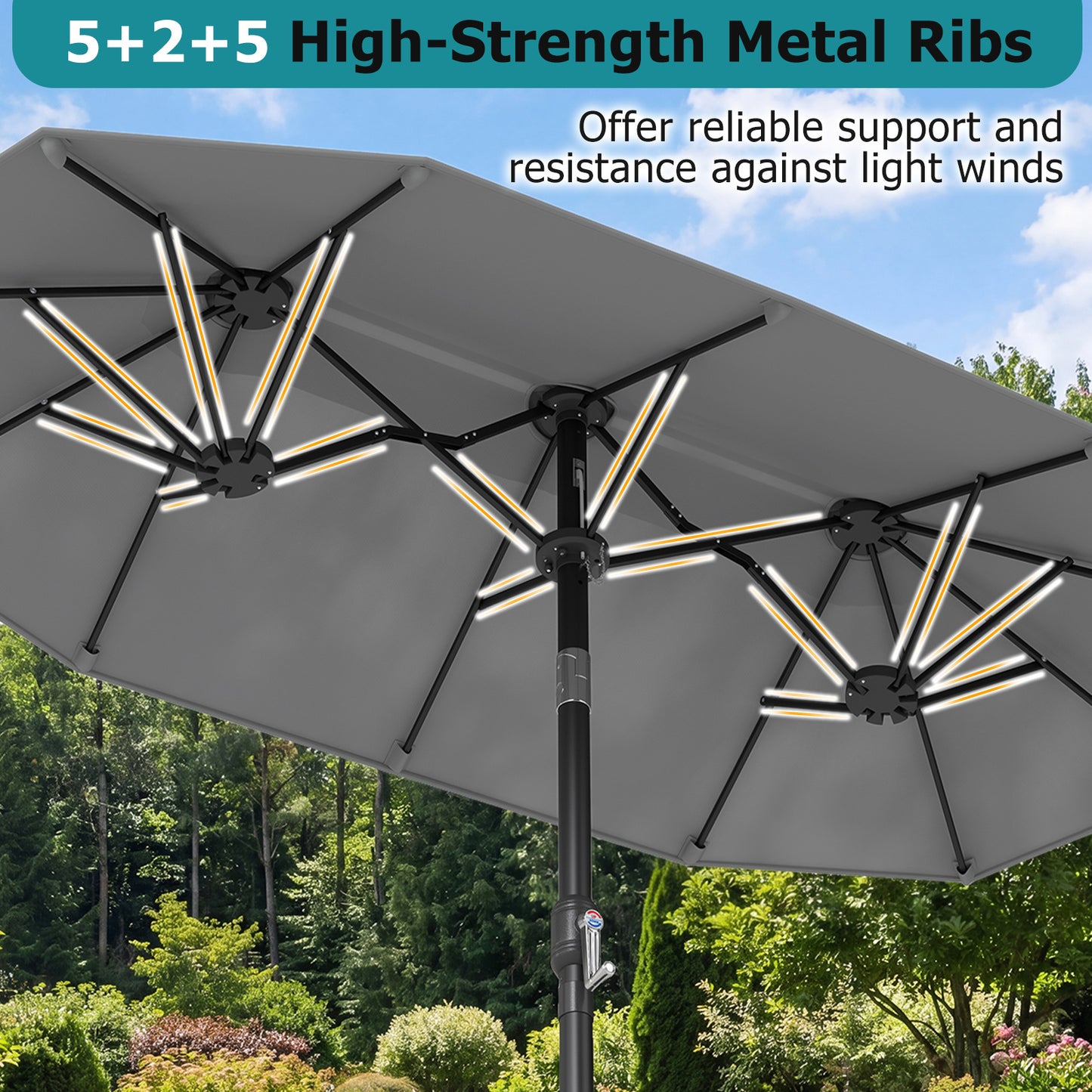 Costway Dubbele Parasol 300 x 160 cm Rechthoekige Parasol met Slinger en 12 Baleinen Grijs