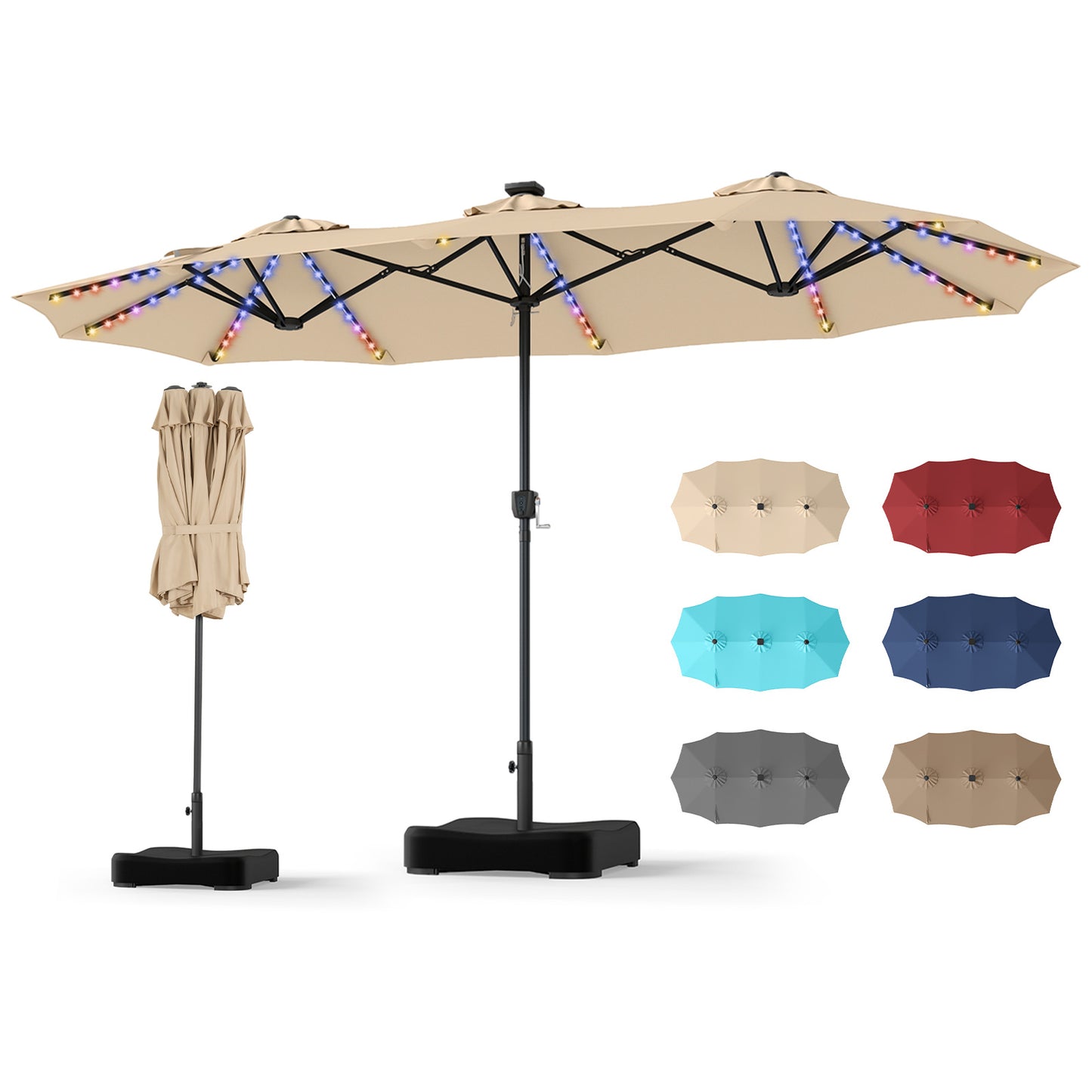 Costway Dubbele Parasol 370 x 200 cm Parasol met Slinger en Voet Terrasparasol met 108 LED-lampjes Beige