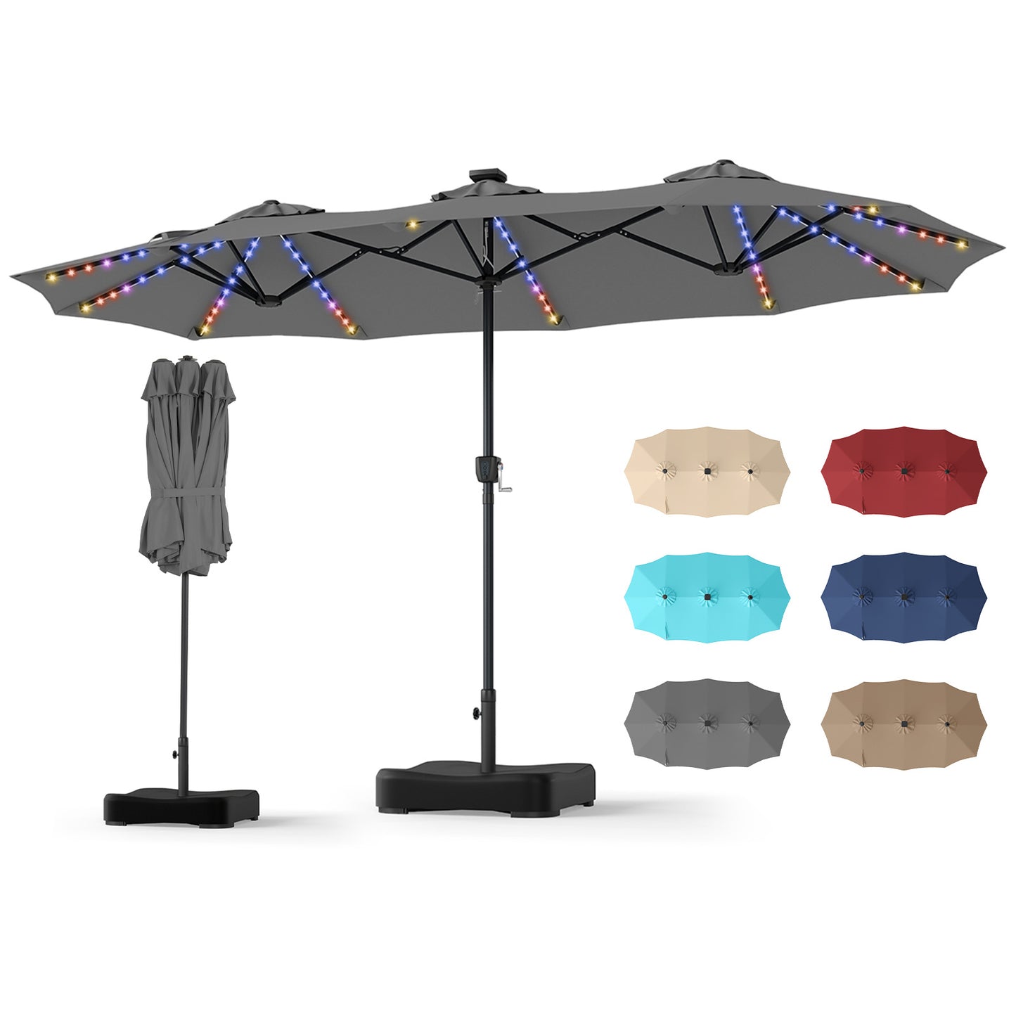 Costway Dubbele Parasol 370 x 200 cm Parasol met Slinger en Voet Terrasparasol met 108 LED-lampjes Grijs