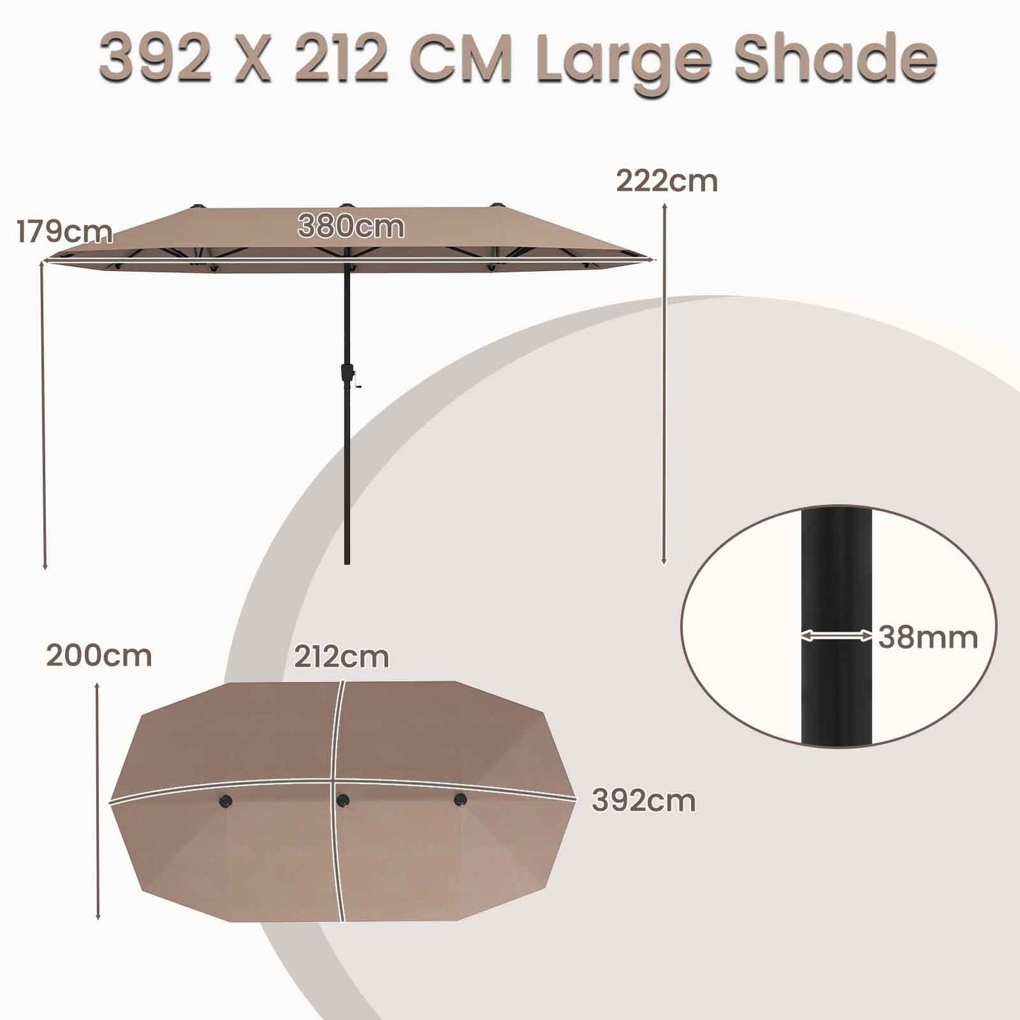 Costway Dubbele Parasol Rechthoekige Parasol van 400 x 215 cm Waterafstotende Balkonparasol met Zonwering Bruin
