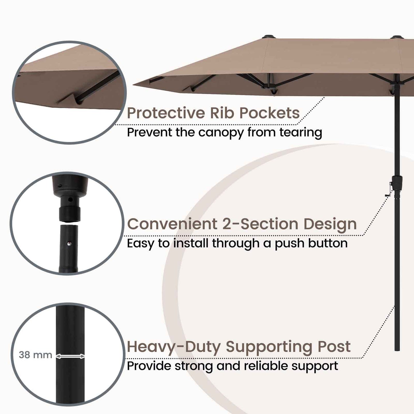 Costway Dubbele Parasol Rechthoekige Parasol van 400 x 215 cm Waterafstotende Balkonparasol met Zonwering Bruin