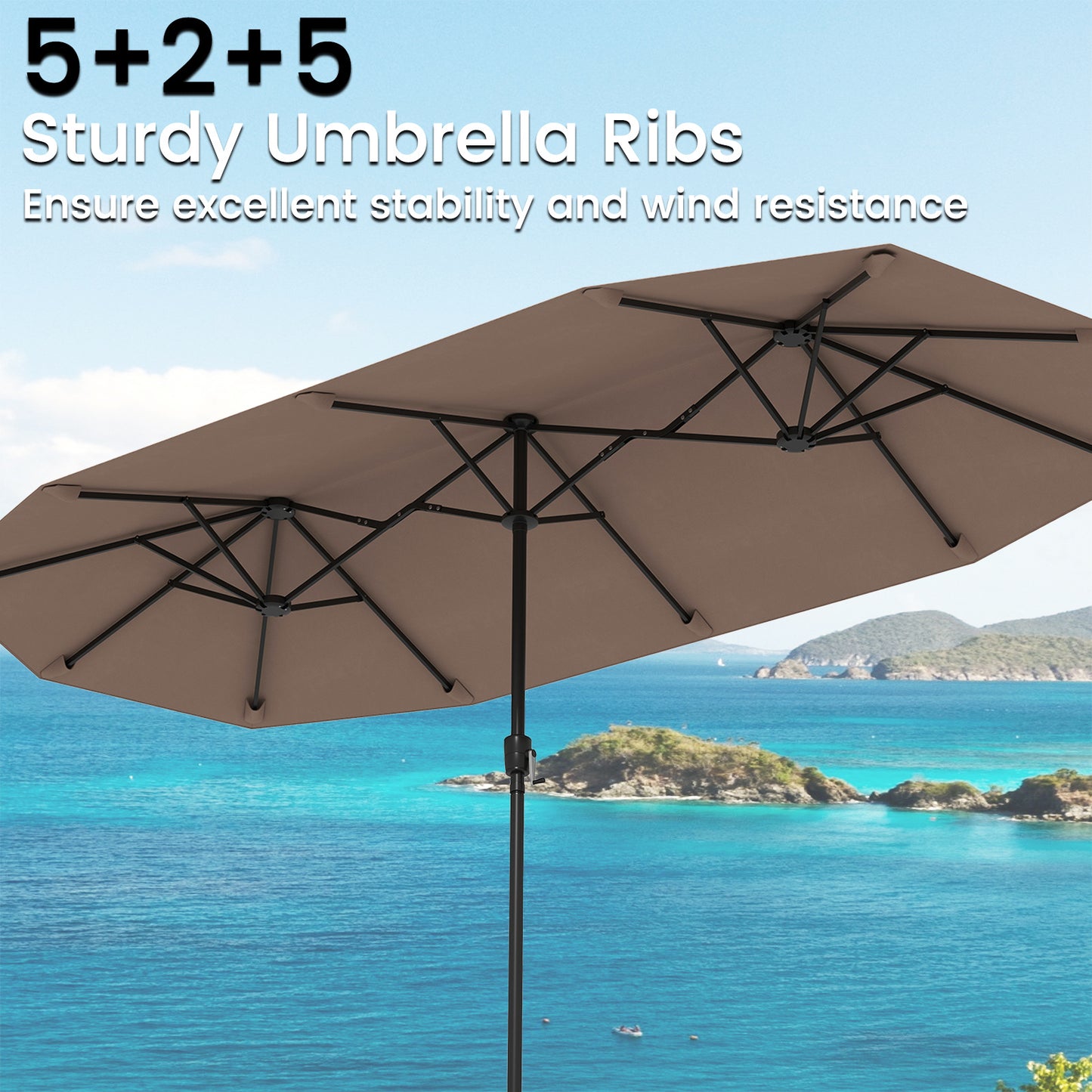 Costway Dubbele Parasol Rechthoekige Parasol van 400 x 215 cm Waterafstotende Balkonparasol met Zonwering Bruin