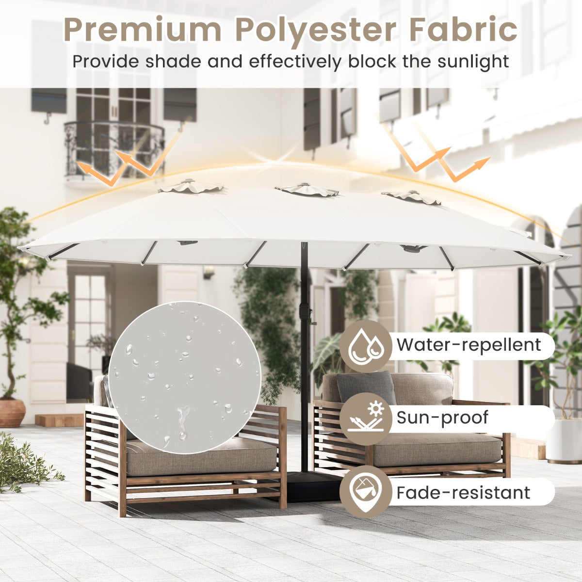 Costway Dubbele Terrasparasol Grote Parasol voor Buiten 12 Metalen Baleinen Stabiele Basis 2 Gewichtszakken Geventileerde Bovenkant Zwengel-Beige