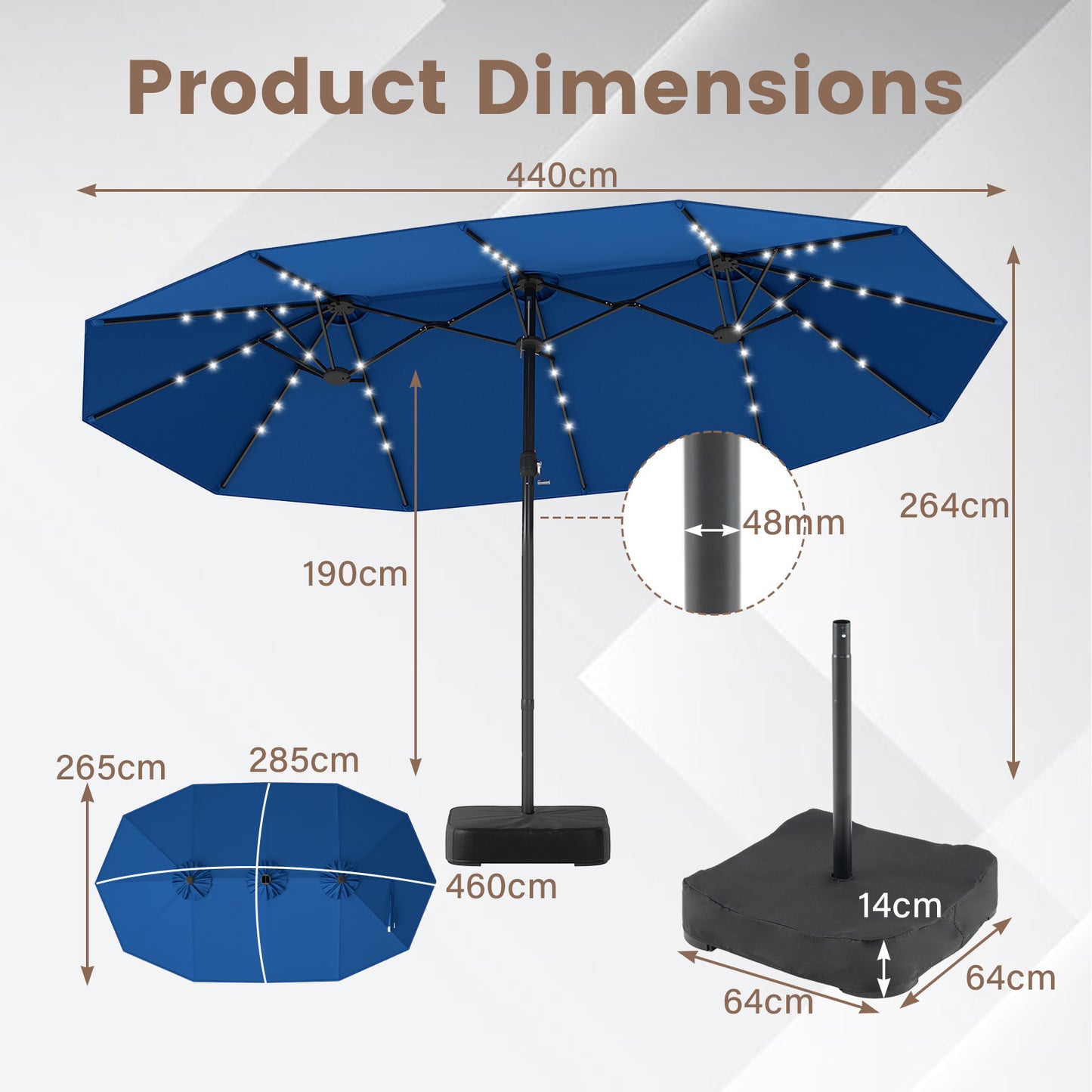 Costway Dubbelschaduwparasol 460 x 285 cm Parasol met LED-verlichting Draaimechanisme & Parasolstandaard Blauw