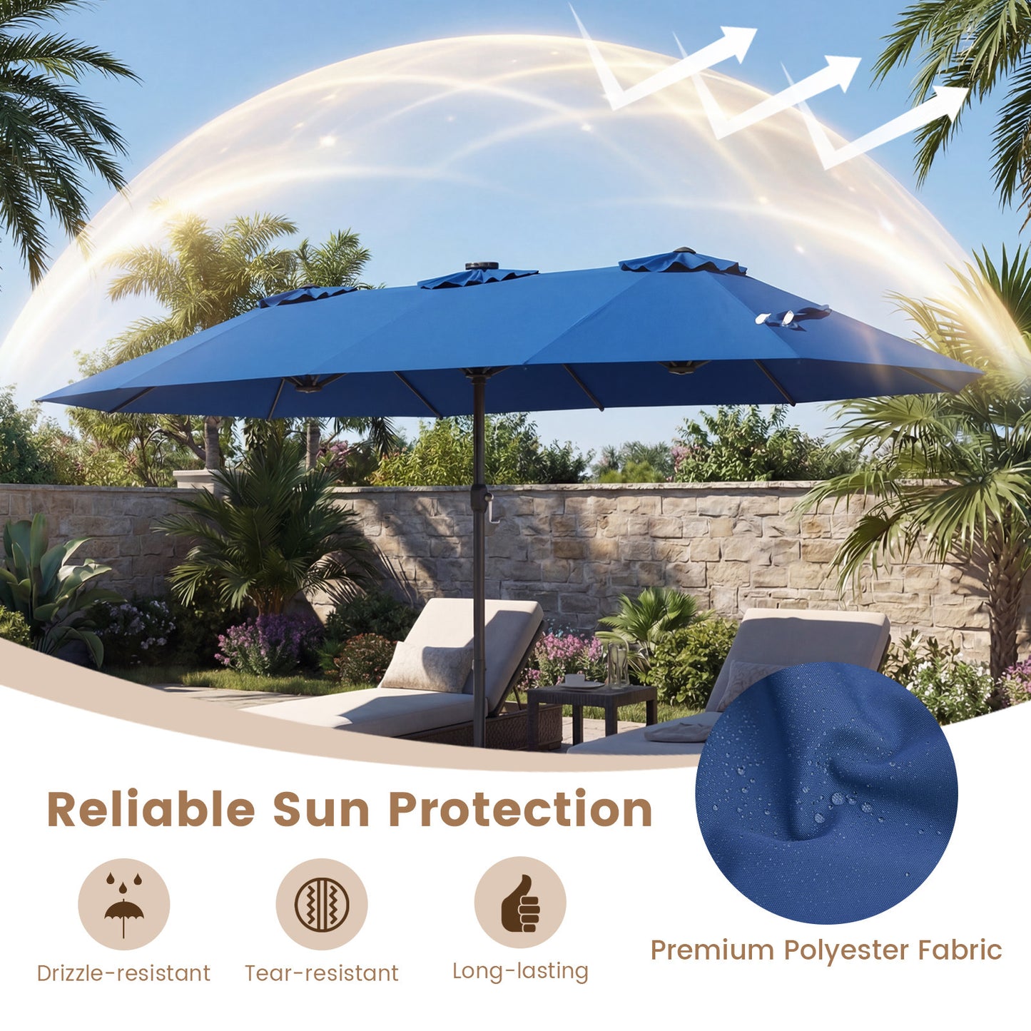 Costway Dubbelschaduwparasol 460 x 285 cm Parasol met LED-verlichting Draaimechanisme & Parasolstandaard Blauw