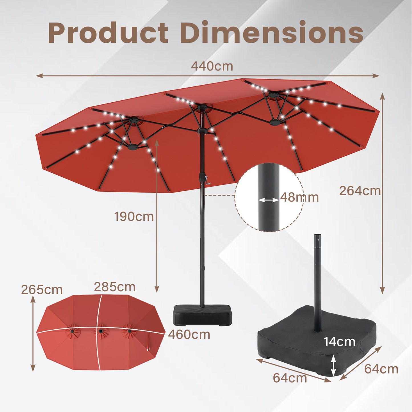 Costway Dubbelschaduwparasol 460 x 285 cm Parasol met LED-verlichting Draaimechanisme & Parasolstandaard Oranje
