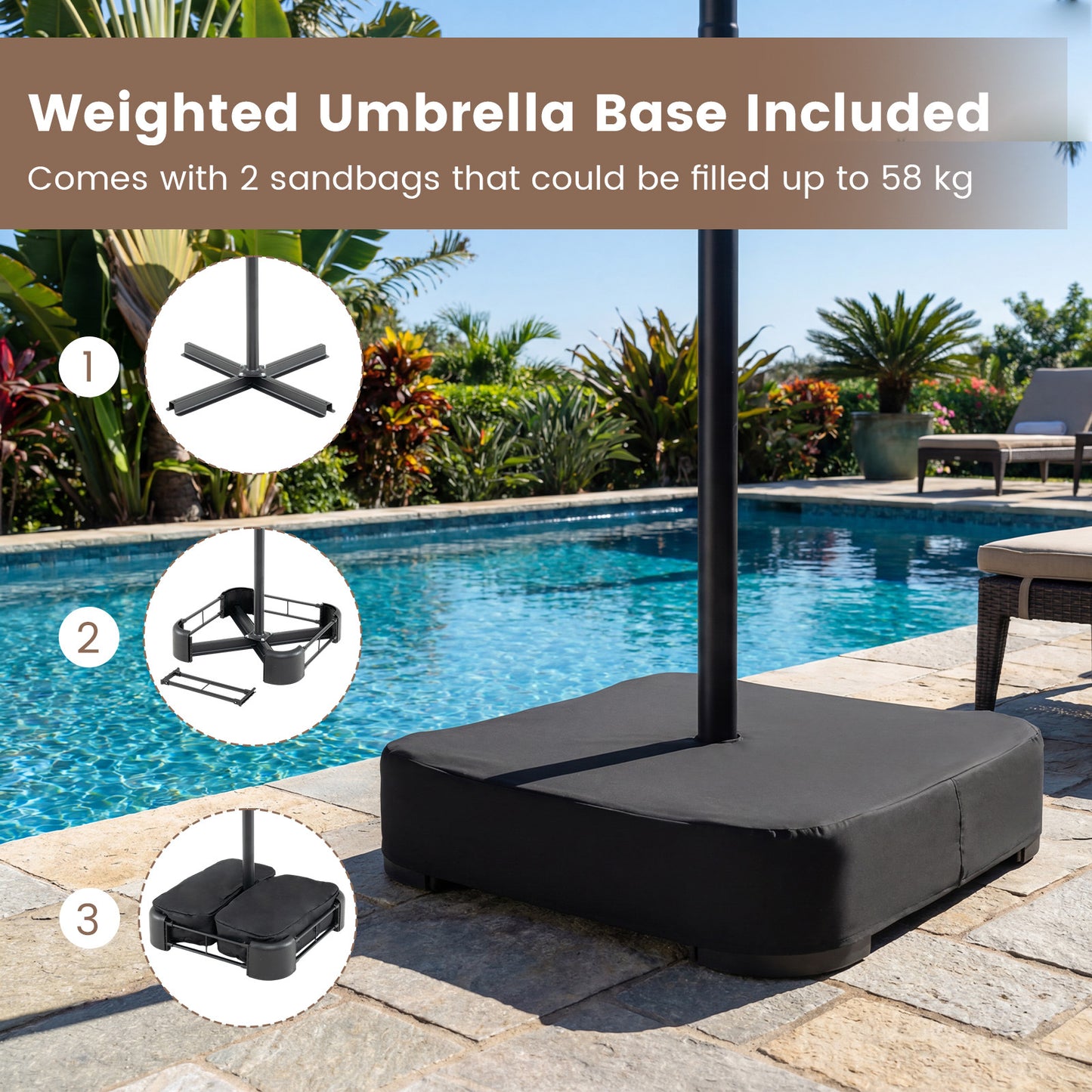 Costway Dubbelschaduwparasol 460 x 285 cm Parasol met LED-verlichting Draaimechanisme & Parasolstandaard Oranje