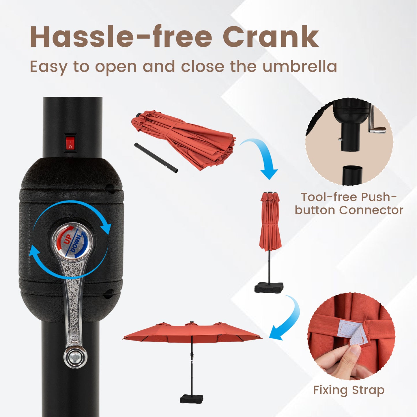 Costway Dubbelschaduwparasol 460 x 285 cm Parasol met LED-verlichting Draaimechanisme & Parasolstandaard Oranje