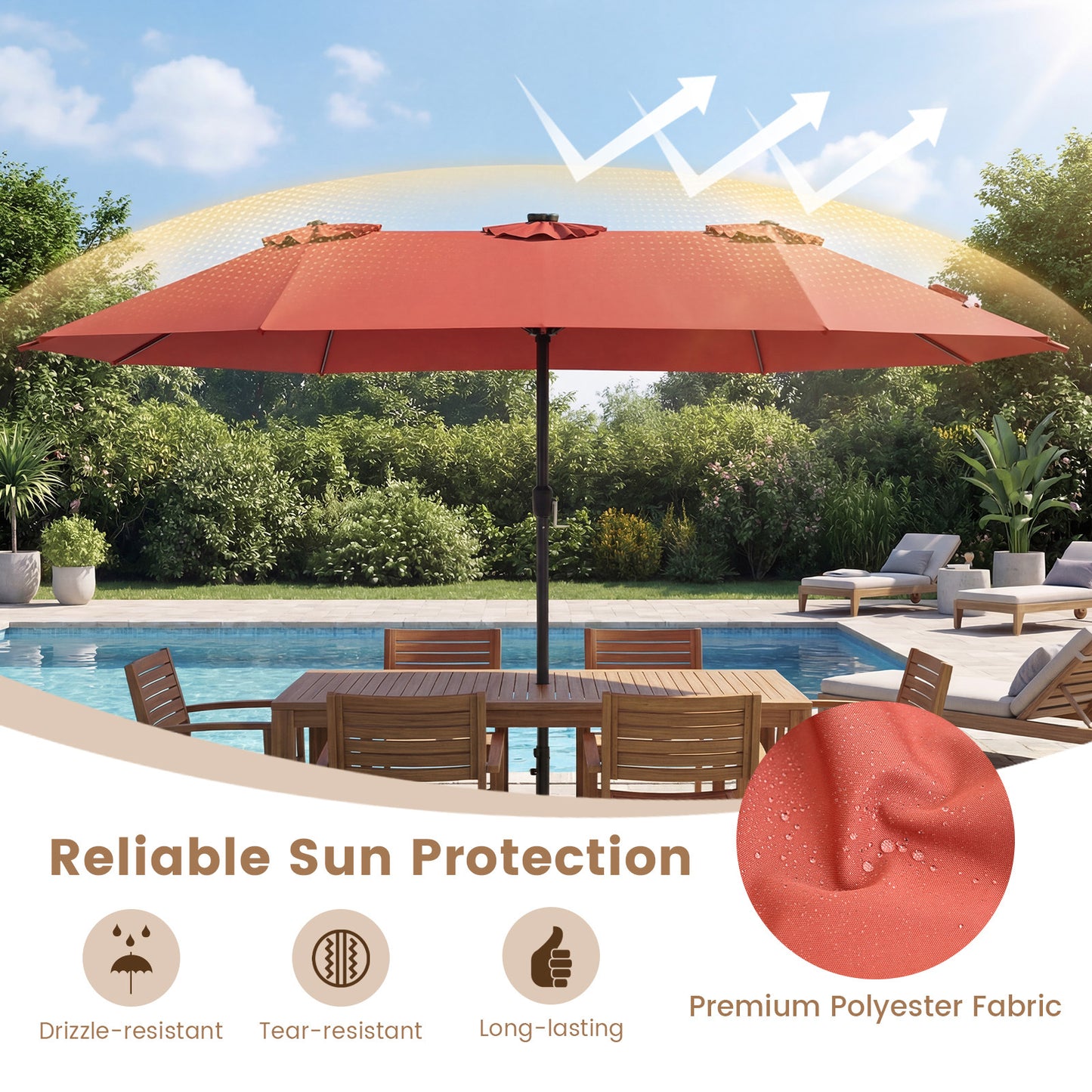 Costway Dubbelschaduwparasol 460 x 285 cm Parasol met LED-verlichting Draaimechanisme & Parasolstandaard Oranje