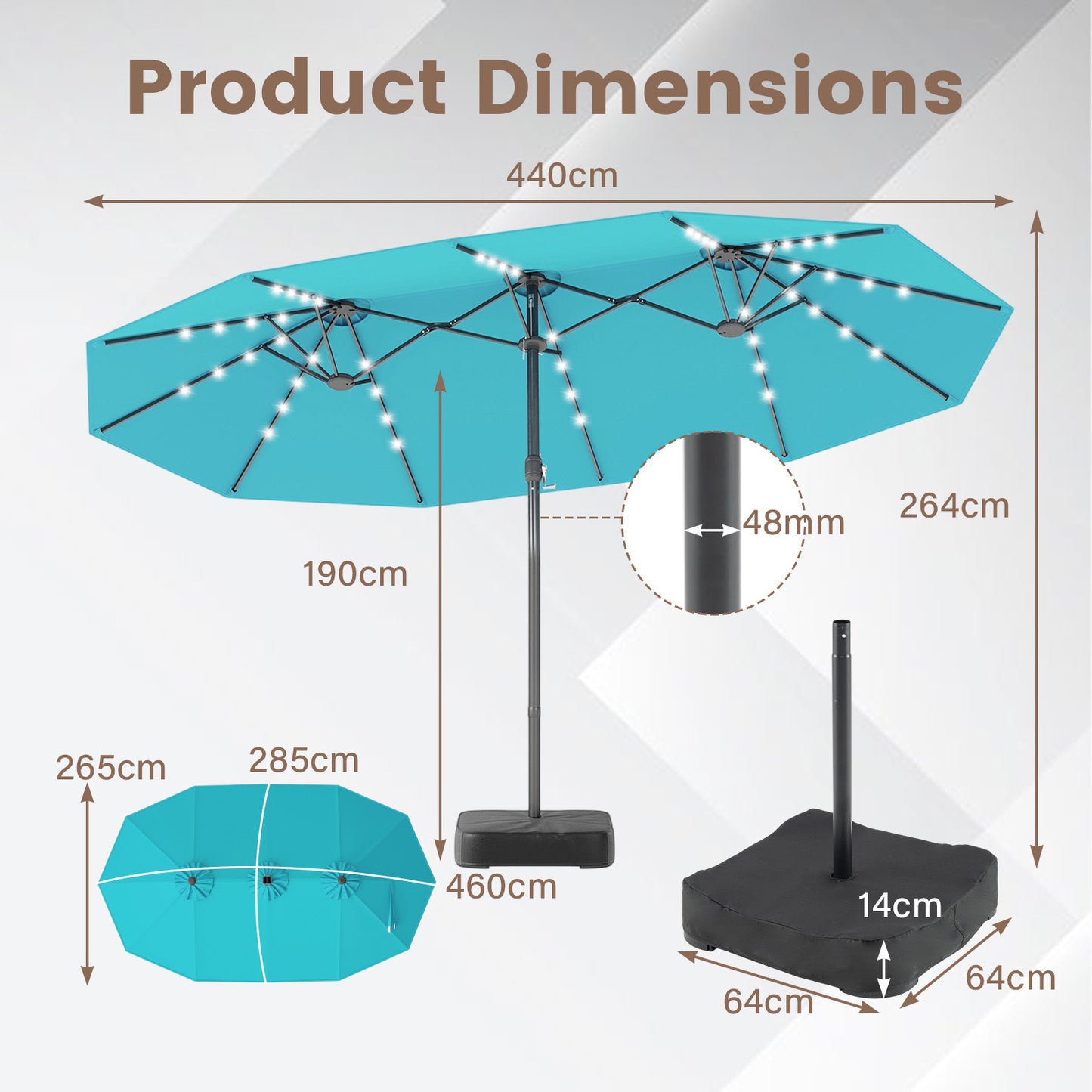 Costway Dubbelschaduwparasol 460 x 285 cm Parasol met LED-verlichting Draaimechanisme & Parasolstandaard Turquoise