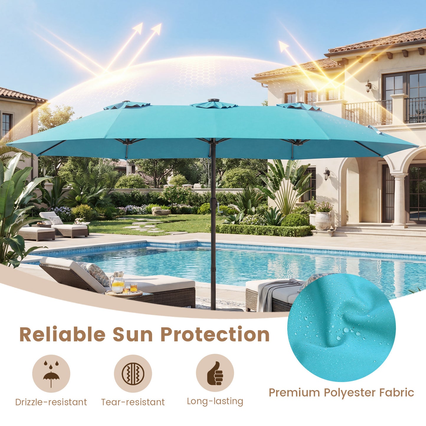 Costway Dubbelschaduwparasol 460 x 285 cm Parasol met LED-verlichting Draaimechanisme & Parasolstandaard Turquoise