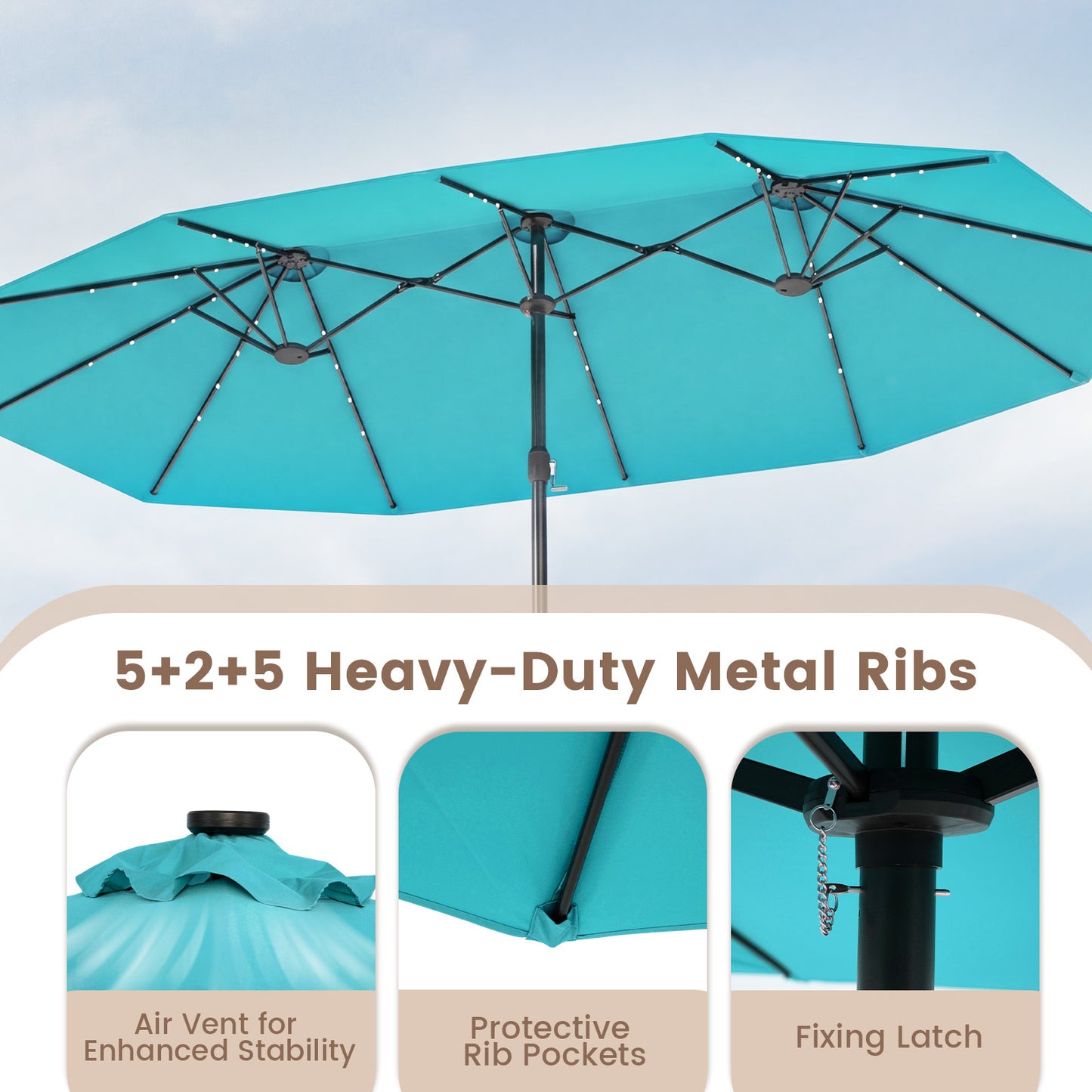 Costway Dubbelschaduwparasol 460 x 285 cm Parasol met LED-verlichting Draaimechanisme & Parasolstandaard Turquoise