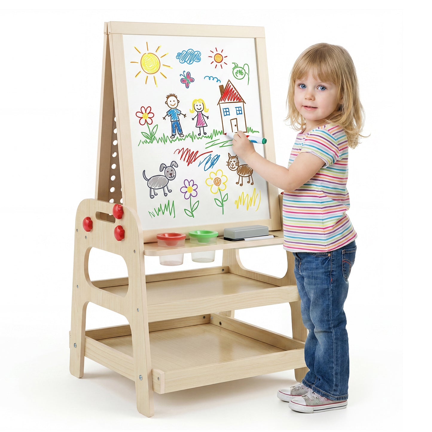 Costway Dubbelzijdige Schildersezel Houten Kinderschildersezel met Magnetisch Whiteboard Knikkerbaan en Opbergvak
