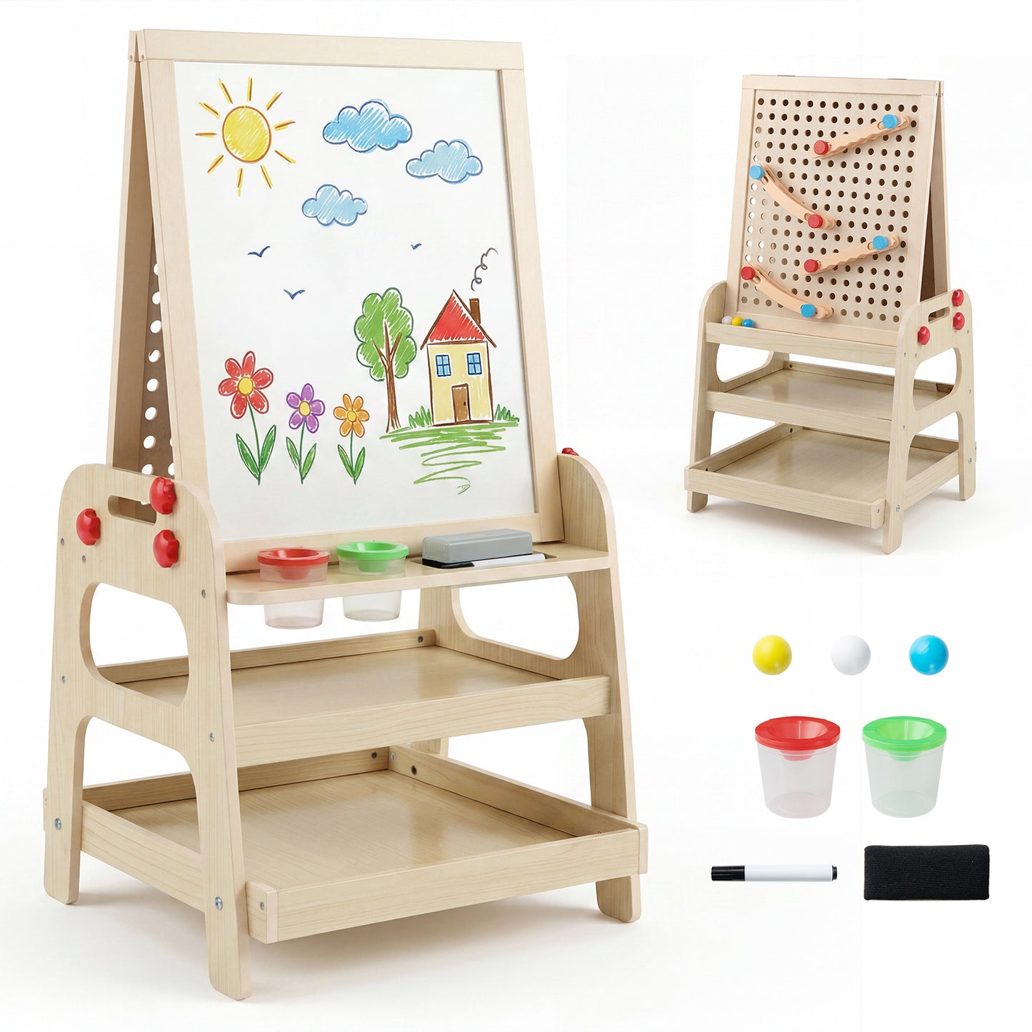Costway Dubbelzijdige Schildersezel Houten Kinderschildersezel met Magnetisch Whiteboard Knikkerbaan en Opbergvak