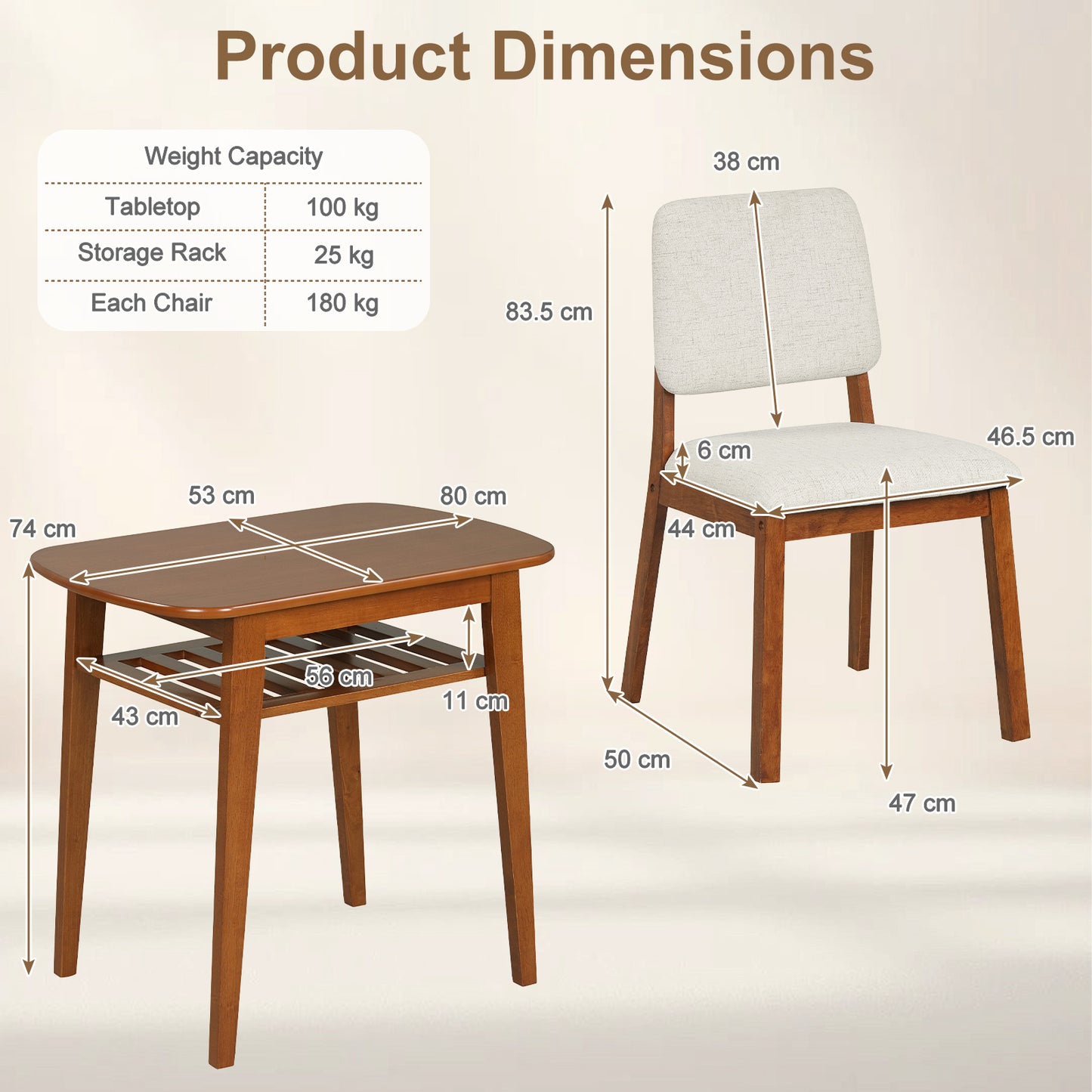 Costway Eettafel met Gestoffeerde Stoel voor 2 Personen Houten Eetkamer Set met Opbergplank Kersenhout