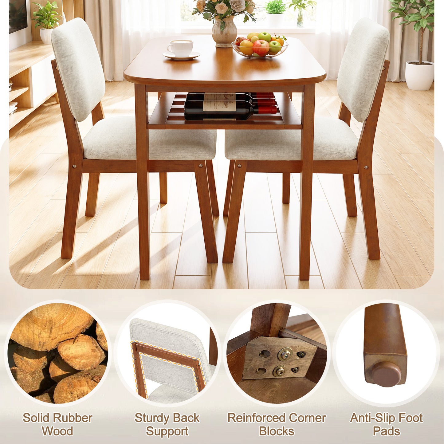 Costway Eettafel met Gestoffeerde Stoel voor 2 Personen Houten Eetkamer Set met Opbergplank Kersenhout