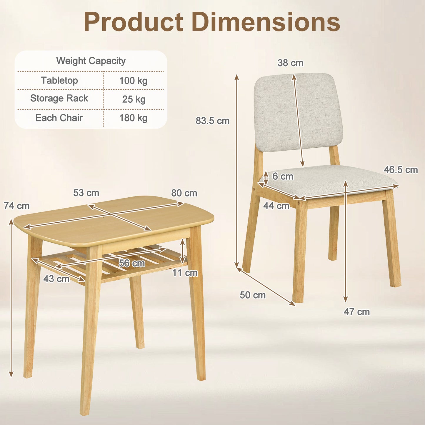 Costway Eettafel met Gestoffeerde Stoel voor 2 Personen Houten Eetkamer Set met Opbergplank Naturel