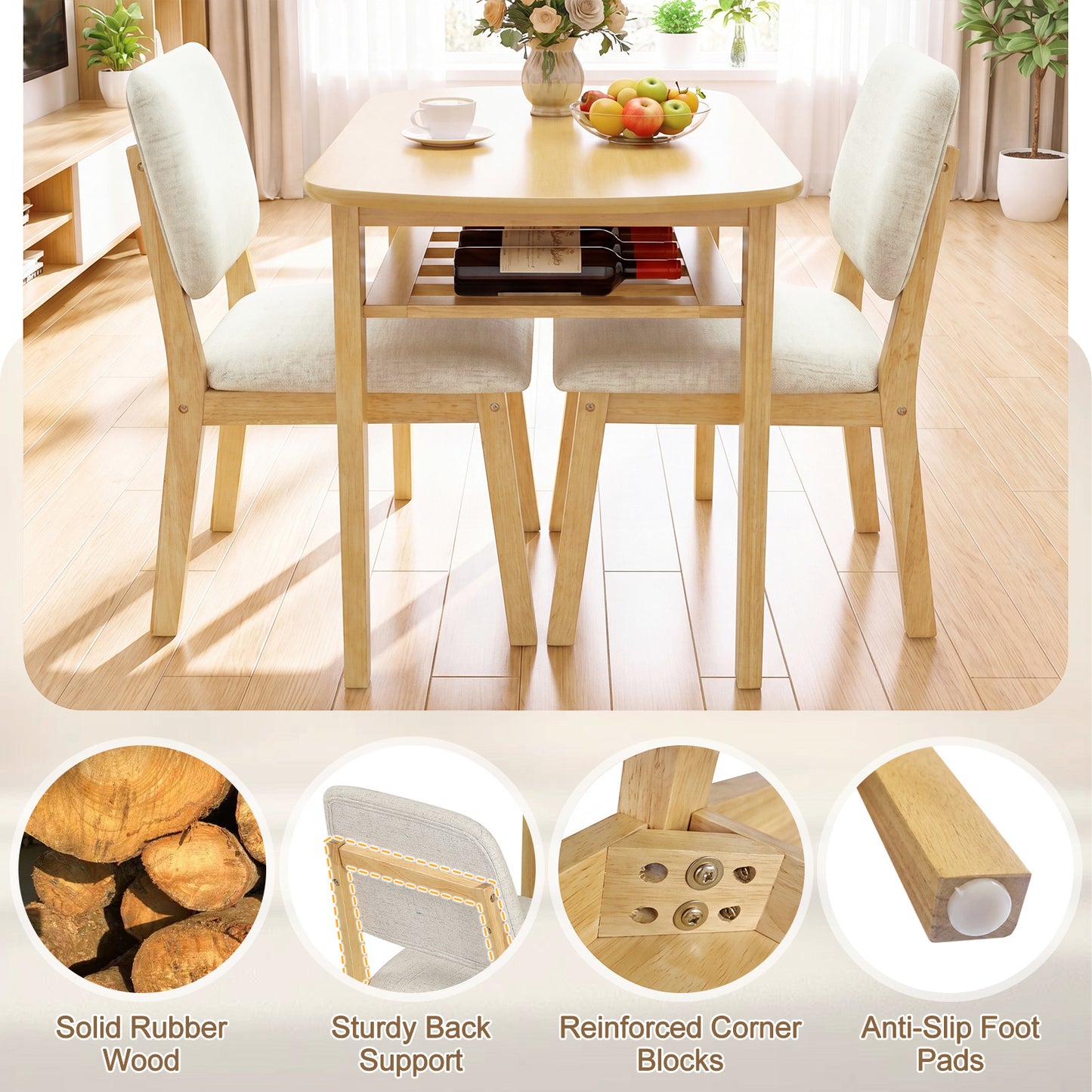 Costway Eettafel met Gestoffeerde Stoel voor 2 Personen Houten Eetkamer Set met Opbergplank Naturel