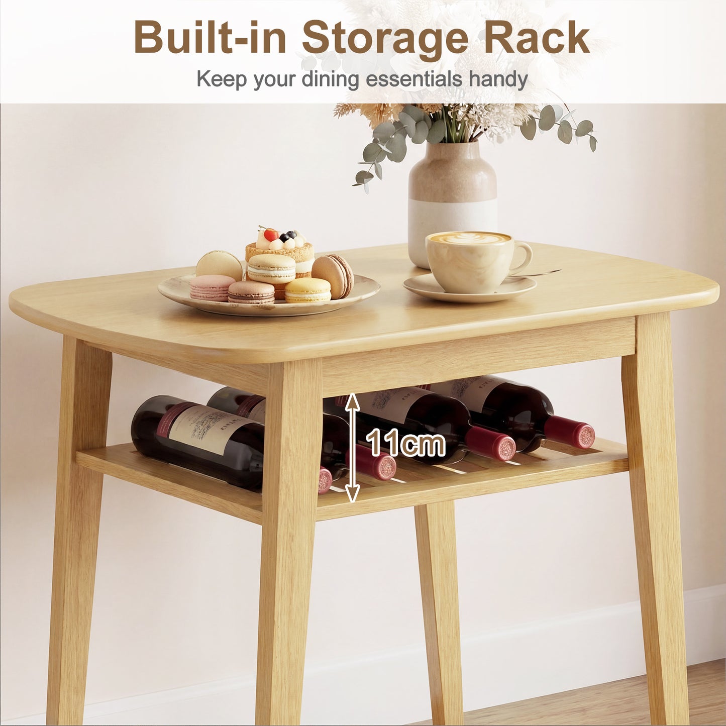 Costway Eettafel met Gestoffeerde Stoel voor 2 Personen Houten Eetkamer Set met Opbergplank Naturel