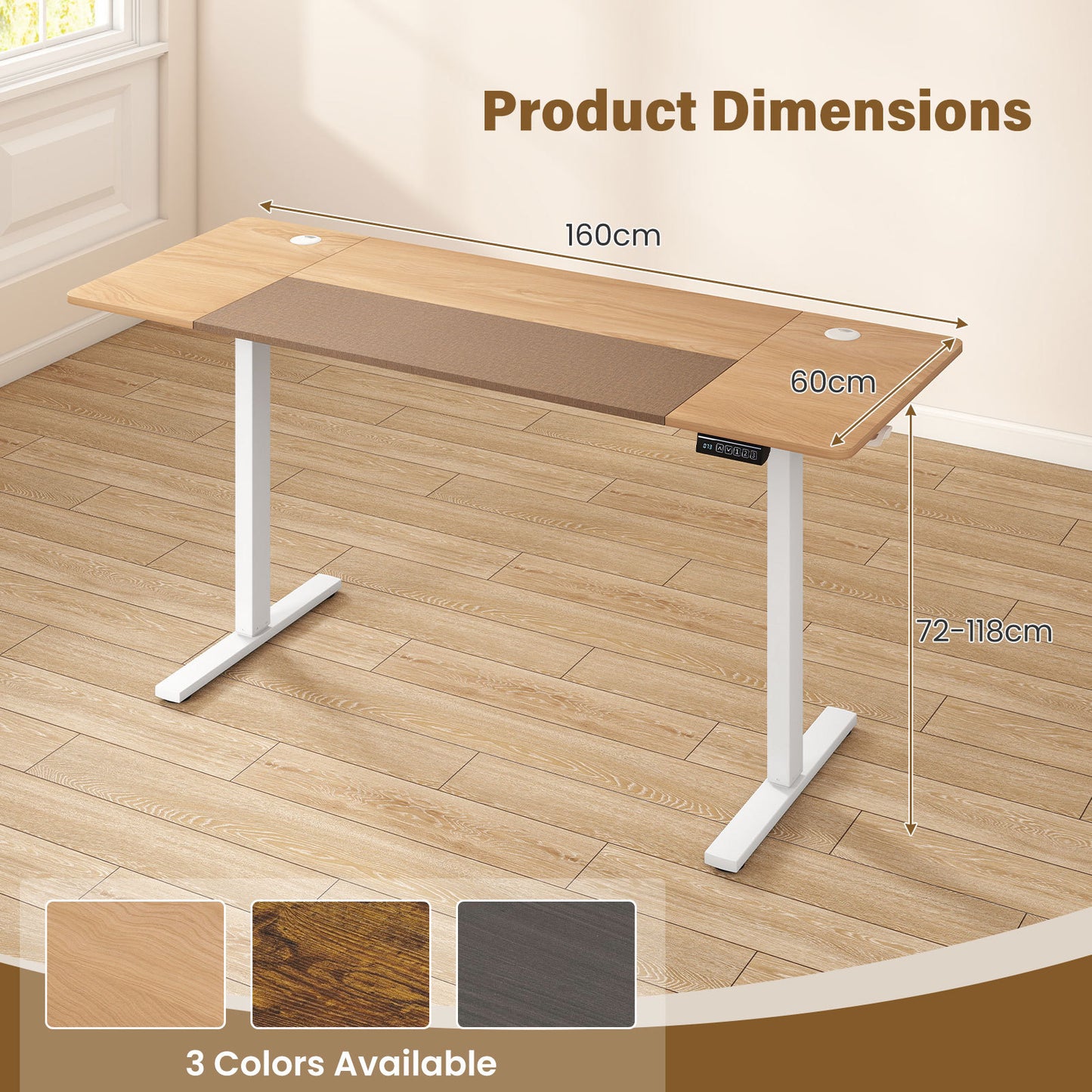 Costway Elektrisch in Hoogte Verstelbaar Bureau 160 x 60 cm Naturel