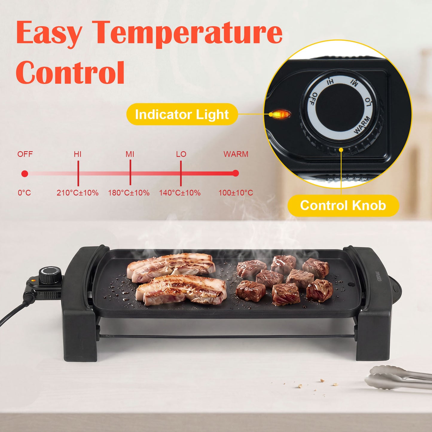 Costway Elektrische Grillplaat Tafelgrill met Anti Aanbaklaag Geïntegreerde Thermostaat voor Feest BBQ Kamperen 1400-1600W Zwart 50,5 × 20 × 8 cm