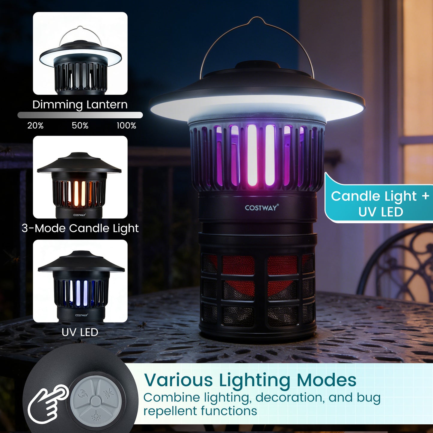 Costway Elektrische Insectenverdelger 2 in 1 Muggenlamp met LED-licht USB Oplaadbare Vliegenval Tegen
