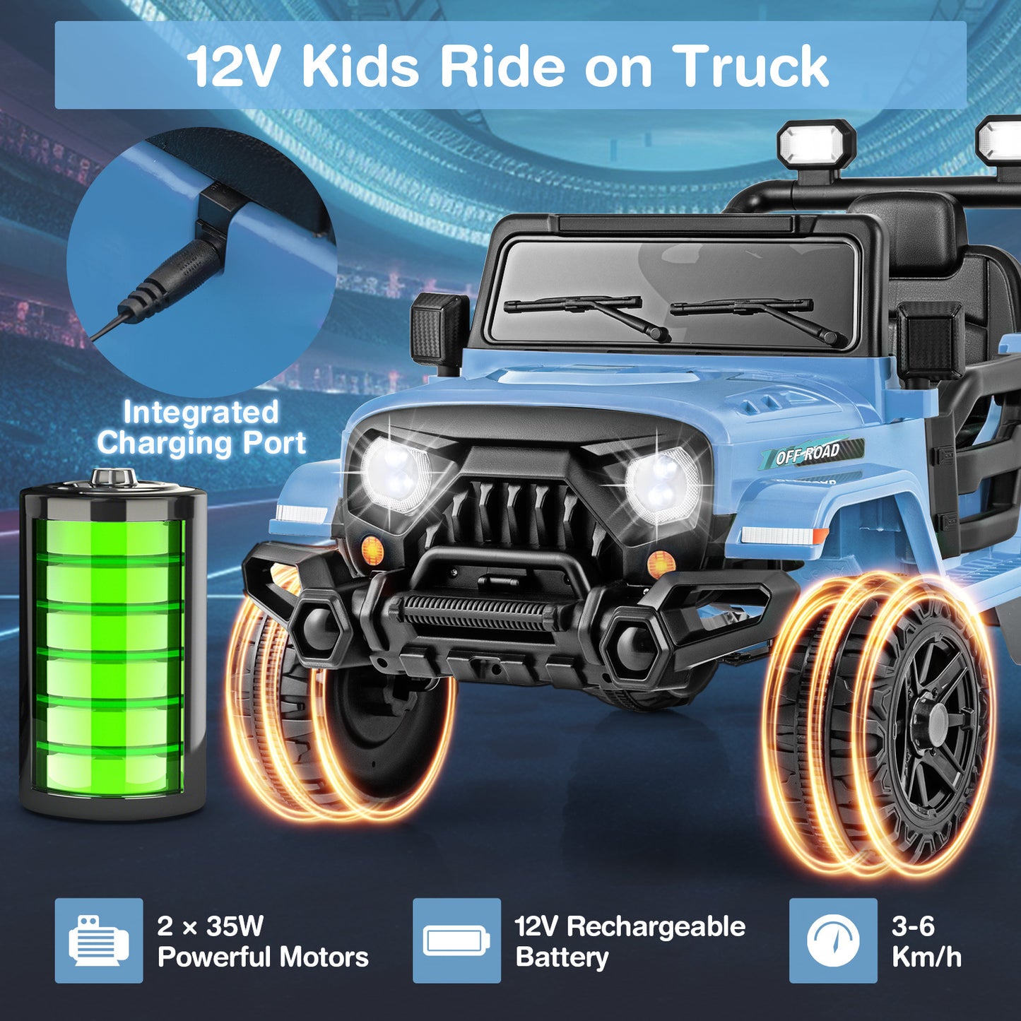 Costway Elektrische Kinderauto met Afstandsbediening Peuterjeep met 3 Snelheden Claxon en LED-lampjes Blauw