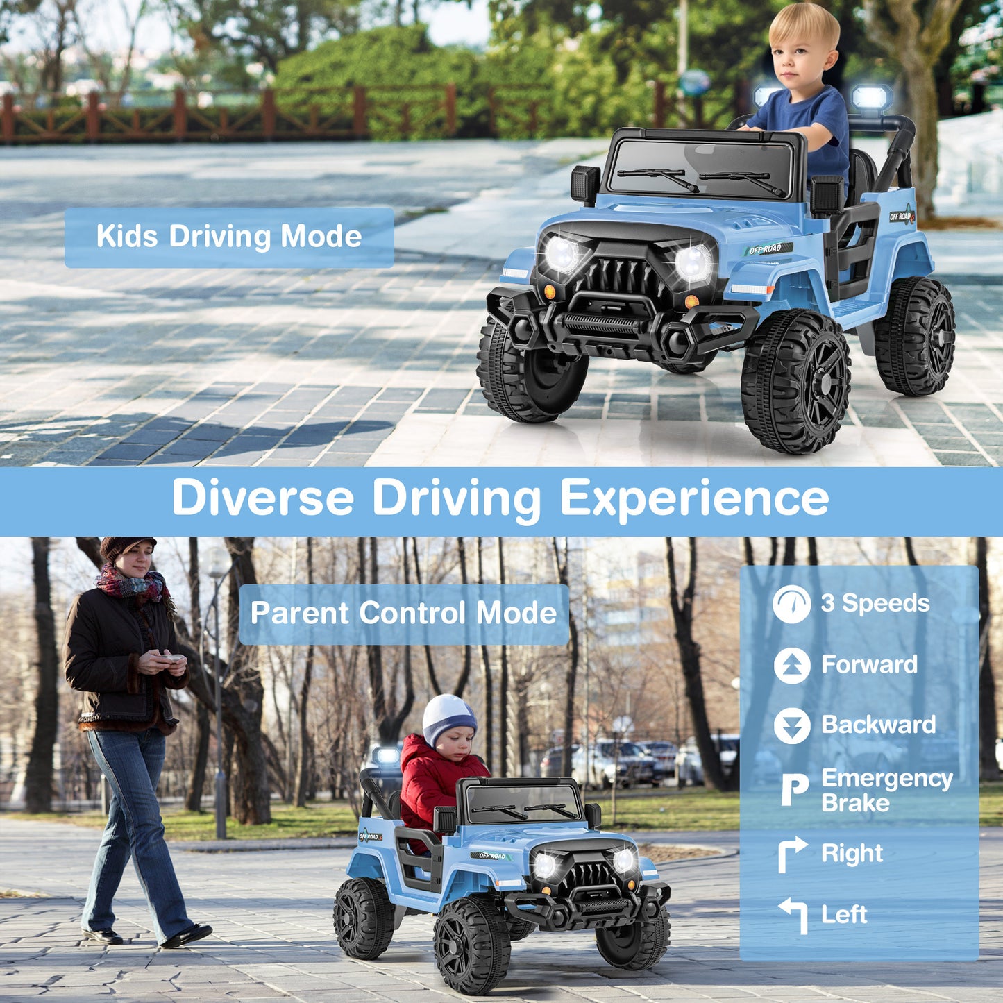 Costway Elektrische Kinderauto met Afstandsbediening Peuterjeep met 3 Snelheden Claxon en LED-lampjes Blauw