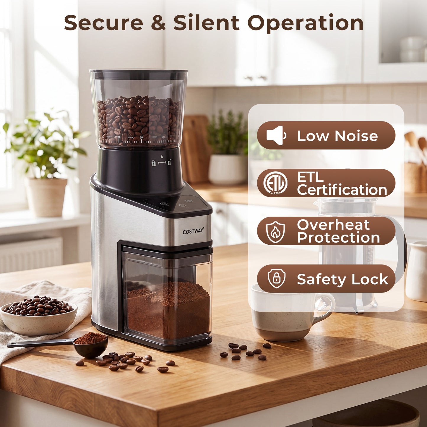 Costway Elektrische Koffiemolen met Conische Maalschijven Espressomolen met 60 Maalgraadinstellingen