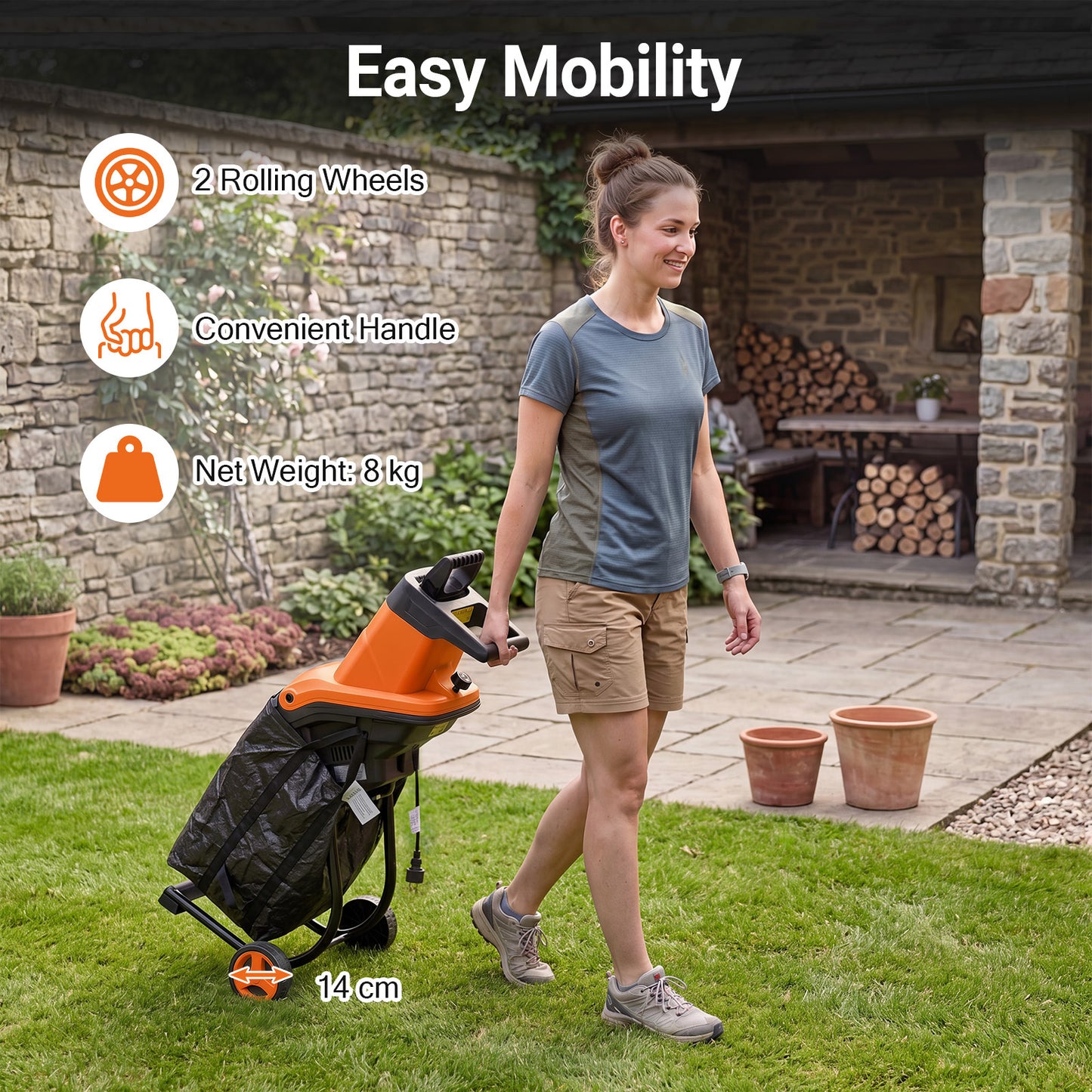 Costway Elektrische Oranje Tuin Versnipperaar 2500W mes Versnipperaar voor Takken tot 45 mm 21:1 Opvangzak Hout Versnipperaar met Wielen 2 Dubbele Messen Versnipperaar