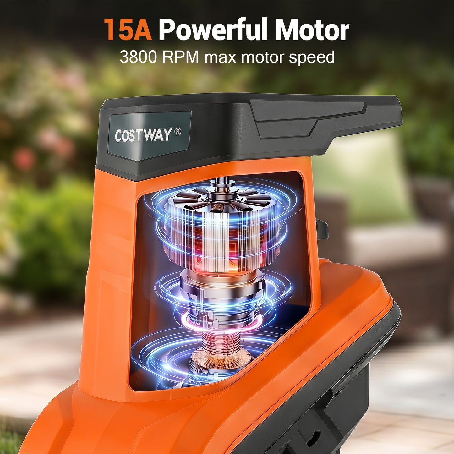 Costway Elektrische Oranje Tuin Versnipperaar 2500W mes Versnipperaar voor Takken tot 45 mm 21:1 Opvangzak Hout Versnipperaar met Wielen 2 Dubbele Messen Versnipperaar