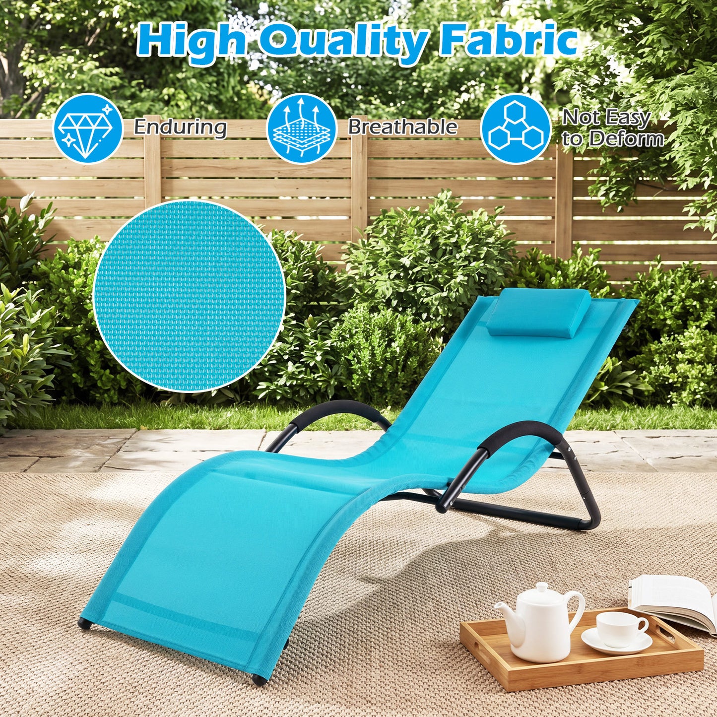 Costway Ergonomische Ligstoel voor in de Tuin met Afneembare Hoofdkussen Ligstoel van Ademende Stof Blauw