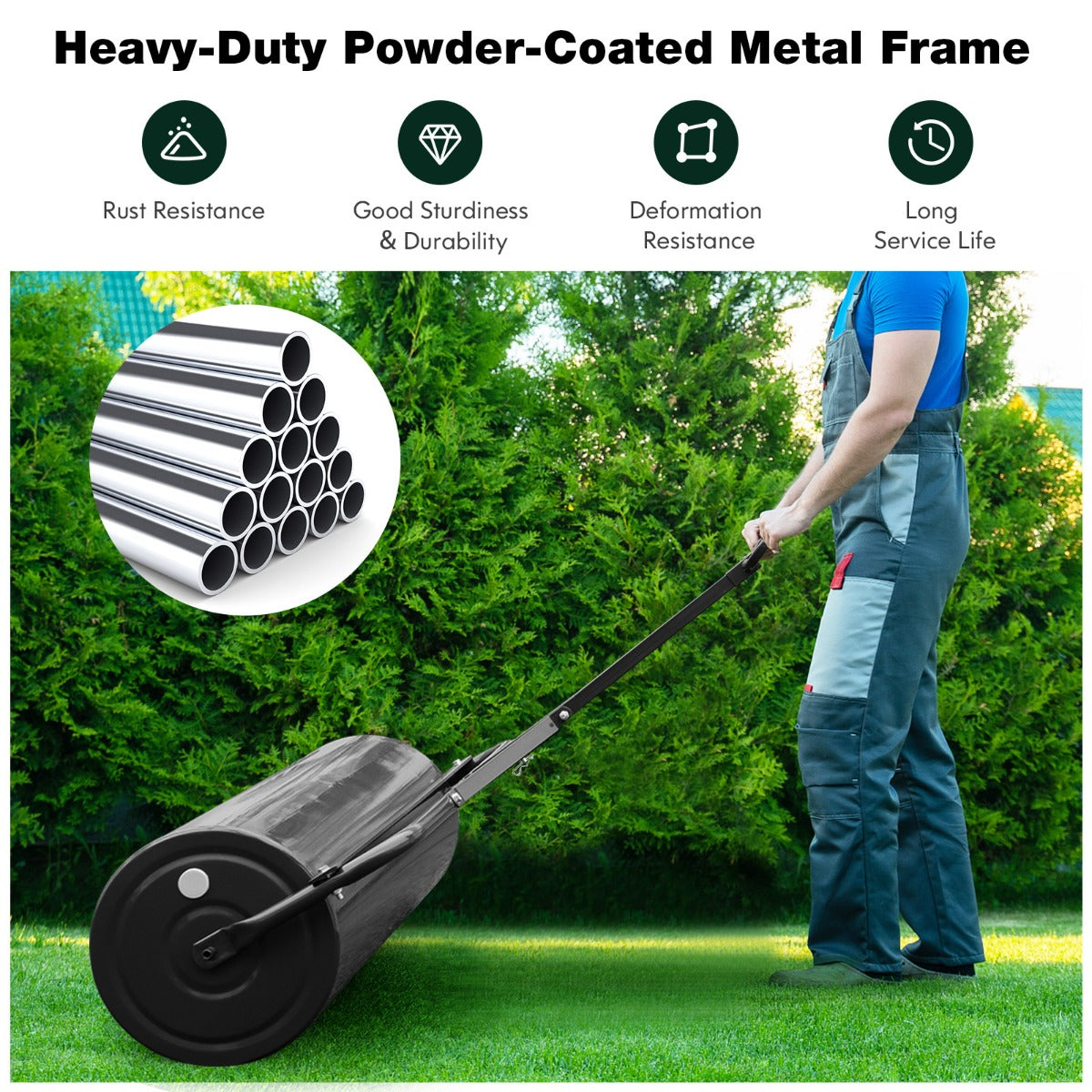 Costway Graswals Metaal 113 L Handroller met Handvat Tuinwals Ø 40 cm Vulbaar met Water/Zand Zware Trommel Graswals Trommel Zwart