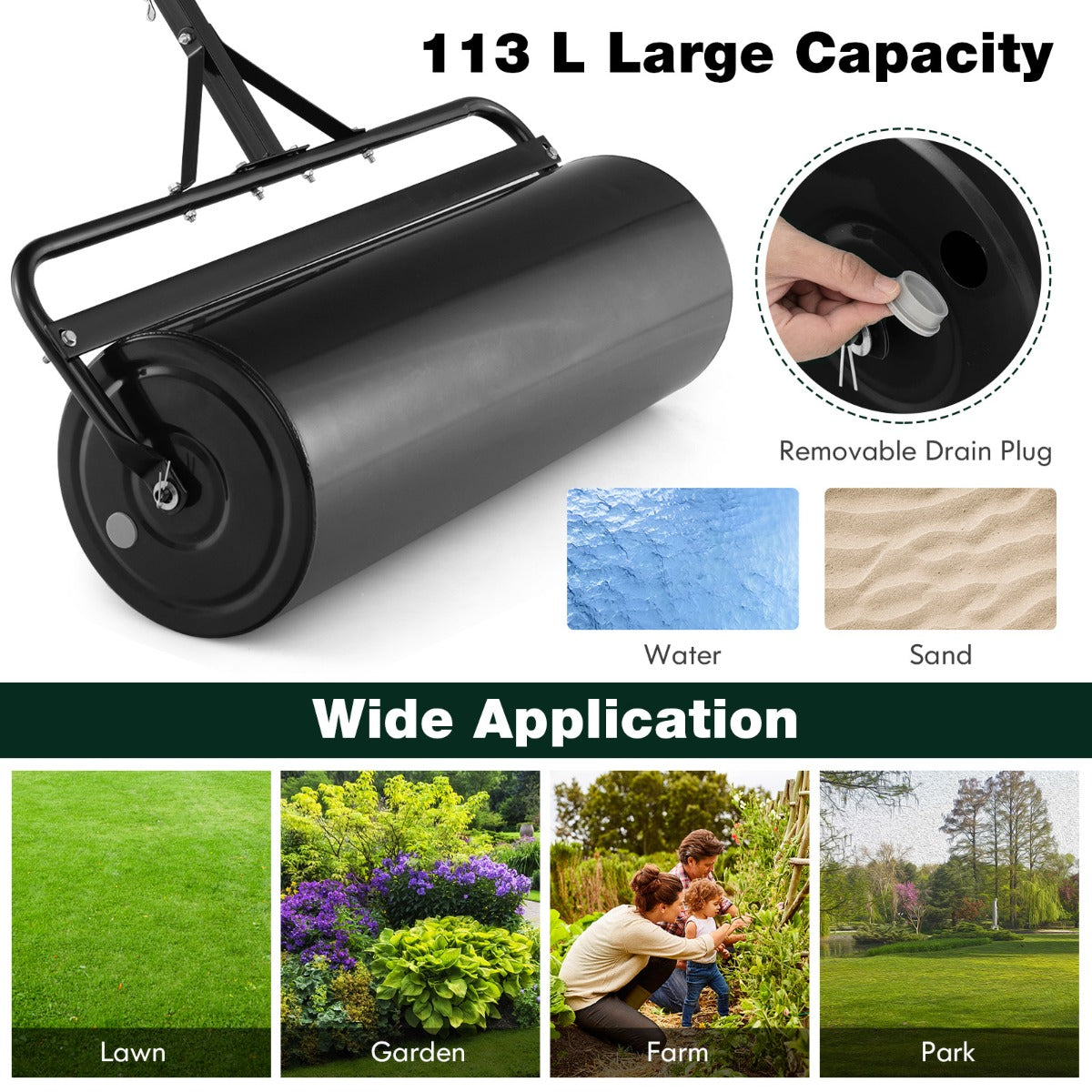 Costway Graswals Metaal 113 L Handroller met Handvat Tuinwals Ø 40 cm Vulbaar met Water/Zand Zware Trommel Graswals Trommel Zwart