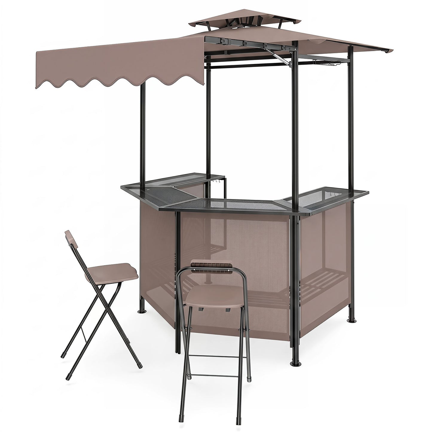 Costway Grillpaviljoen 3-delig Tuinpaviljoen met Bar & 2 Opklapbare Barkrukken Grilloverkapping met Dubbele Dakluifel & Zonbescherming Bruin
