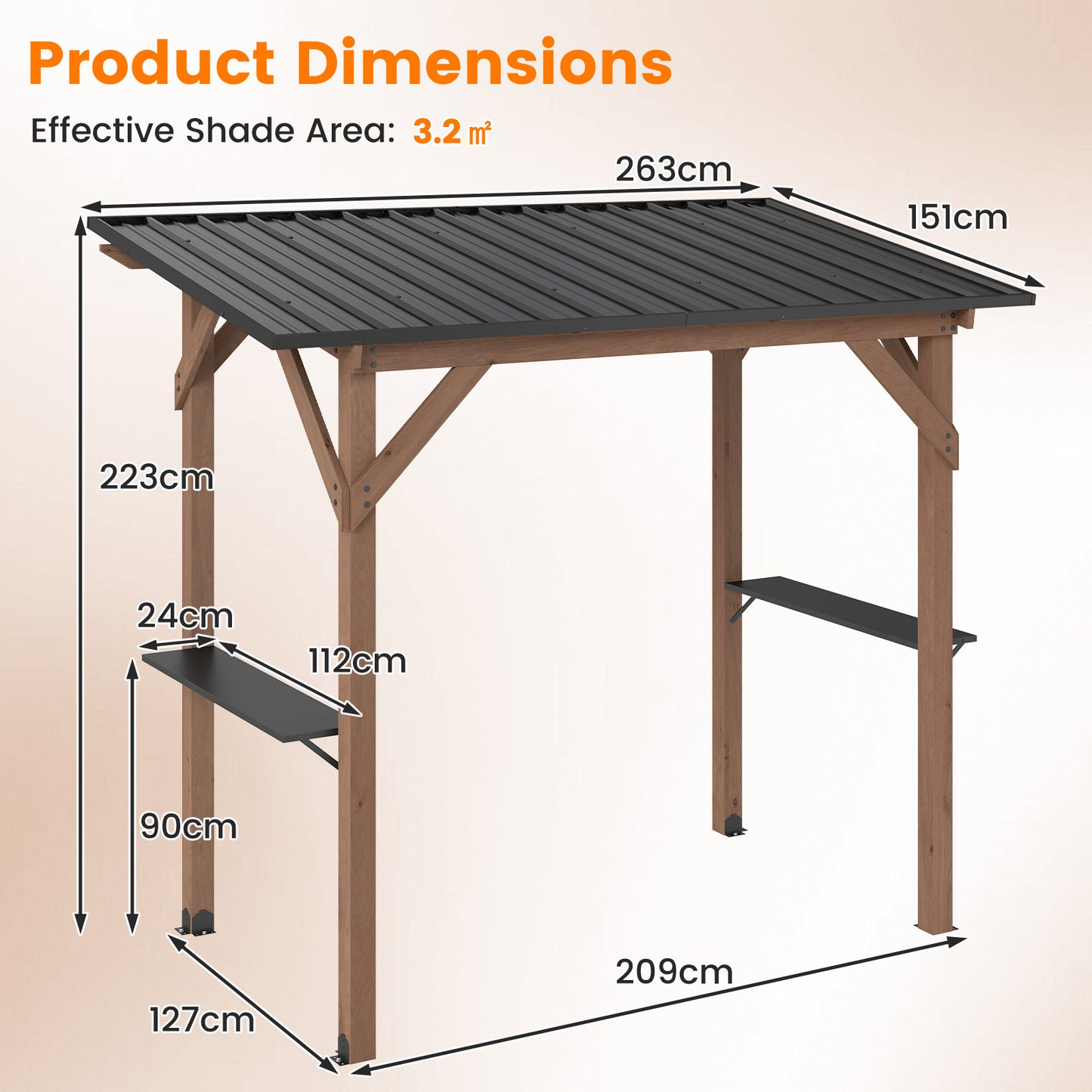 Costway Grillpaviljoen Houten Grilloverkapping met 2 Zijplanken Schuin Metaldak Buiten Grillonderstand 263 x 151 x 223cm