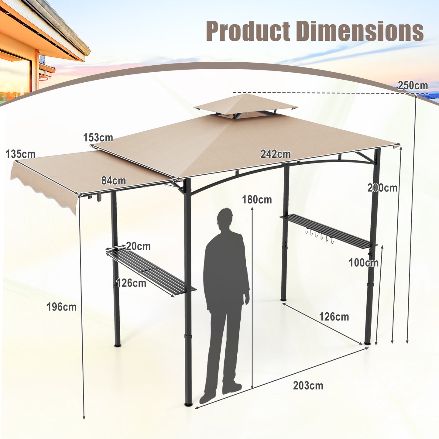 Costway Grillpaviljoen met Zijmarkies Dubbeldak 2 Zijplanken & Haken Tuinpaviljoen BBQ Paviljoen Beige