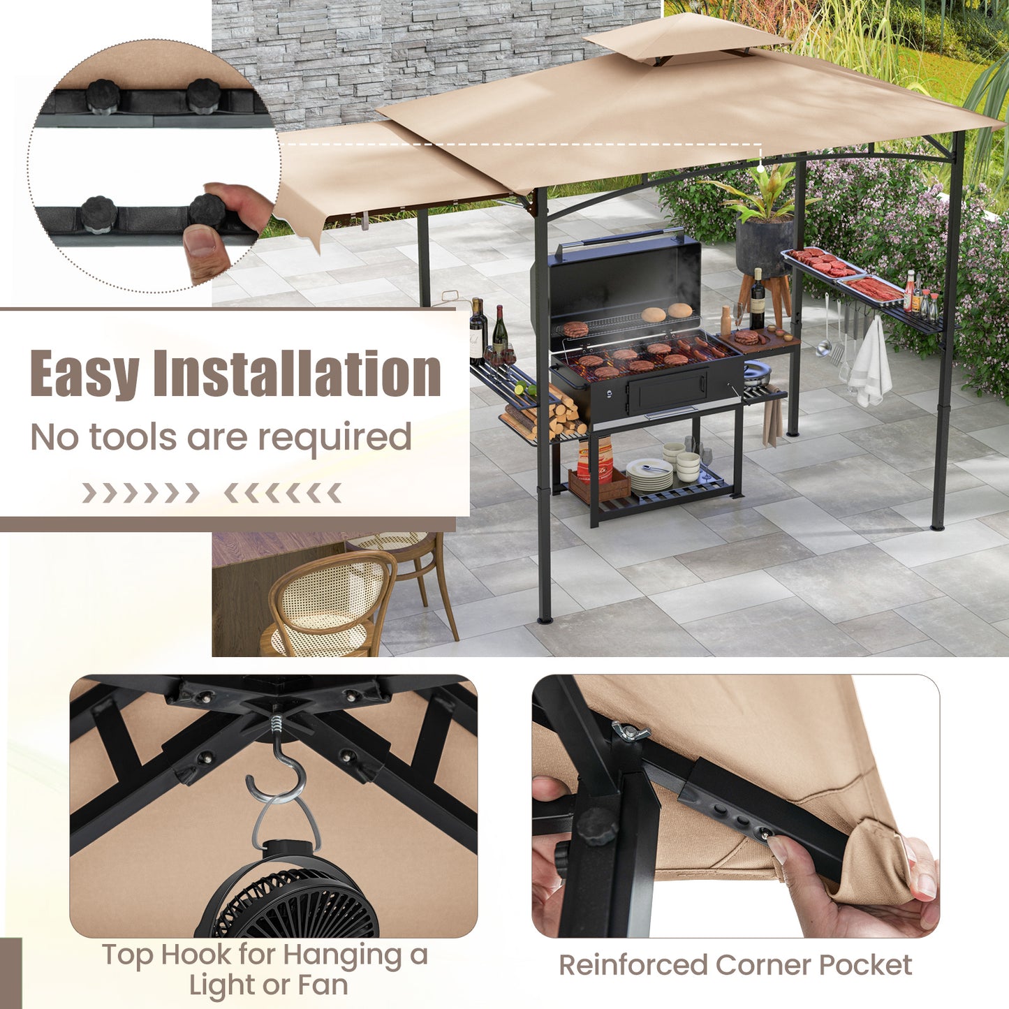 Costway Grillpaviljoen met Zijmarkies Dubbeldak 2 Zijplanken & Haken Tuinpaviljoen BBQ Paviljoen Beige