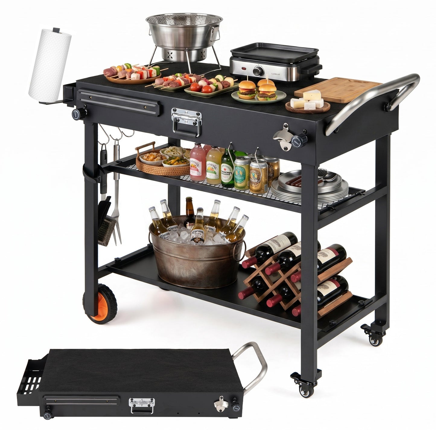 Costway Grillwagen Opvouwbare Grilltafel met 3 Niveaus Ondergrond & Haken Buitenkeuken Draagbare Grill 109 x 46 x 87 cm Zwart