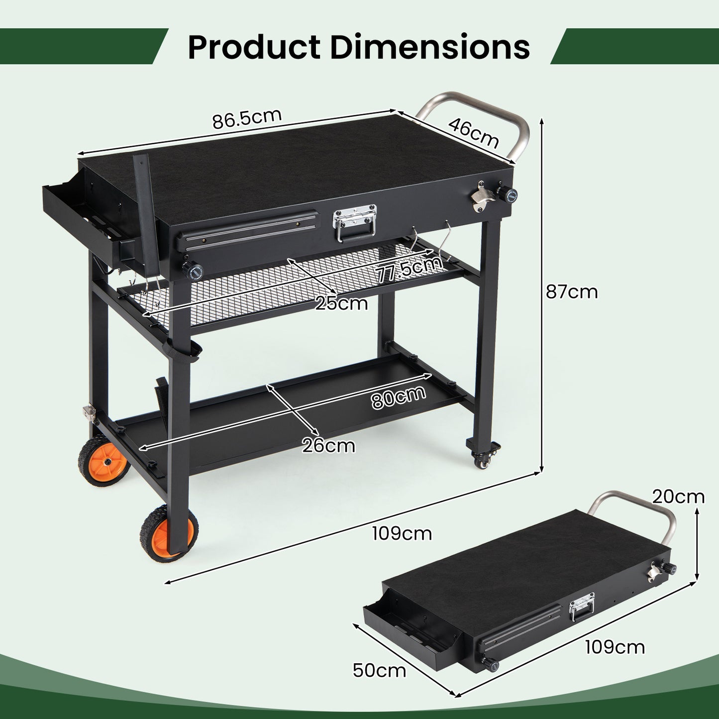 Costway Grillwagen Opvouwbare Grilltafel met 3 Niveaus Ondergrond & Haken Buitenkeuken Draagbare Grill 109 x 46 x 87 cm Zwart
